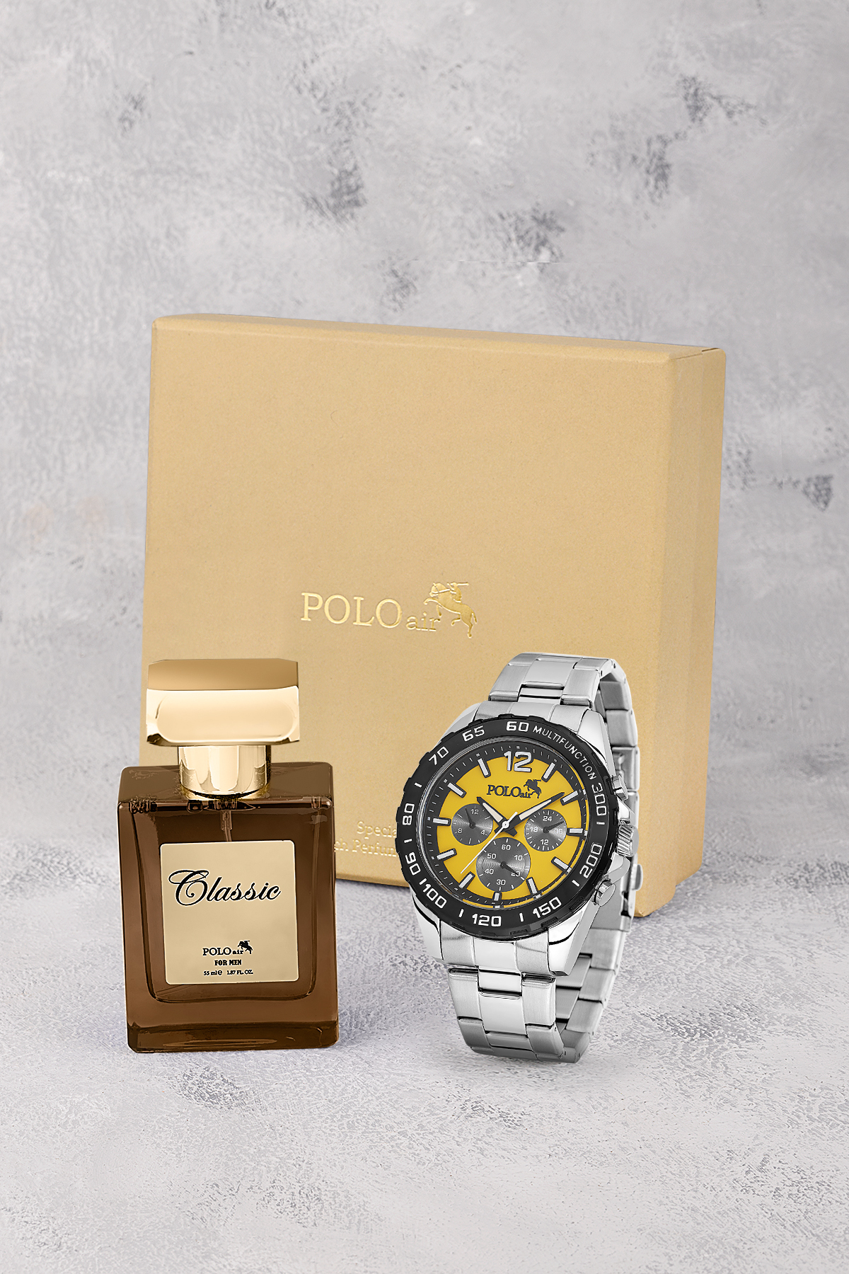 Erkek Kol Saati Ve 55Ml Parfüm Hediyelik Kutusunda Set Gümüş Sarı Siyah Renk St-5011E5 Çok Renkli St-5011E5