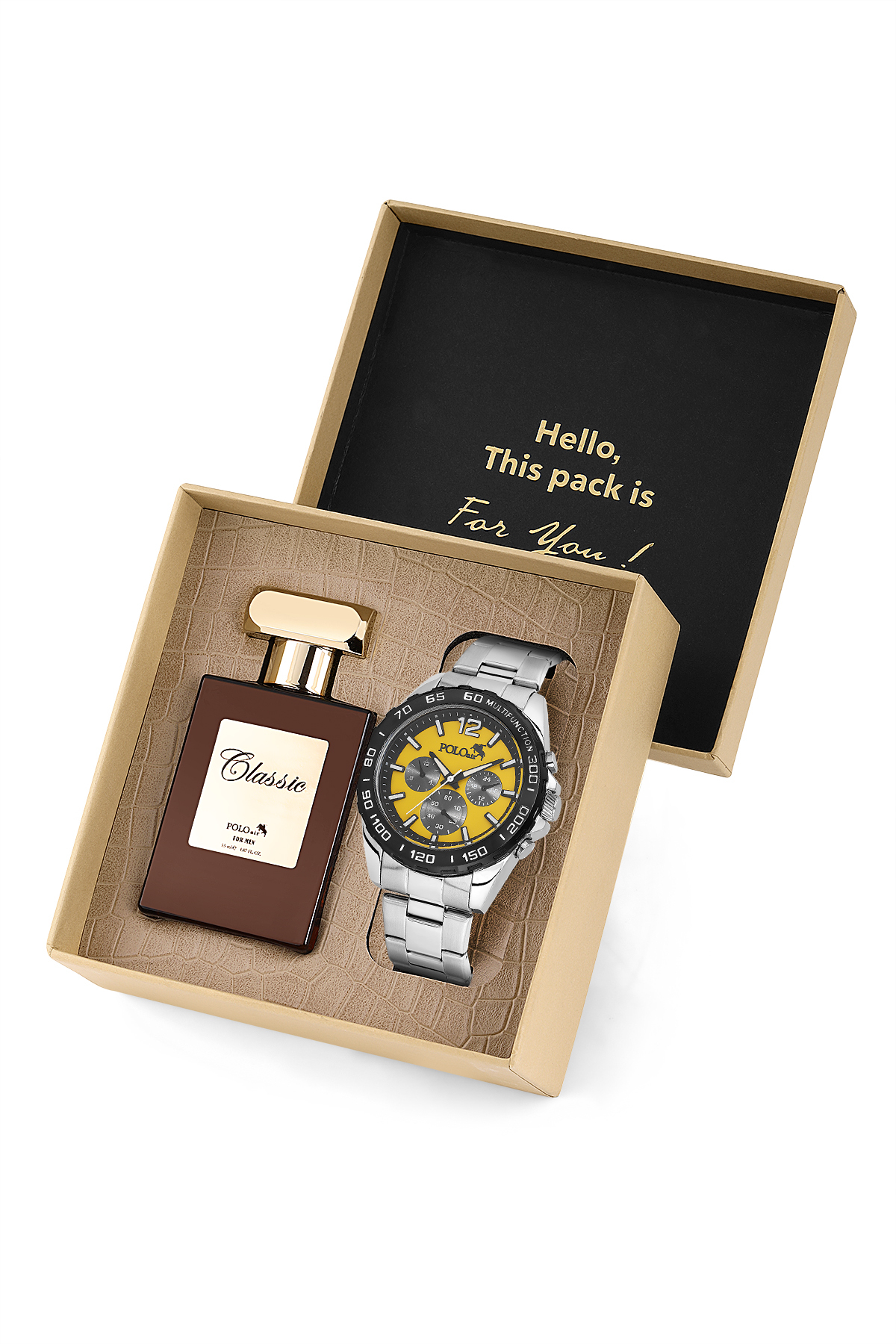Erkek Kol Saati Ve 55Ml Parfüm Hediyelik Kutusunda Set Gümüş Sarı Siyah Renk St-5011E5 Çok Renkli St-5011E5