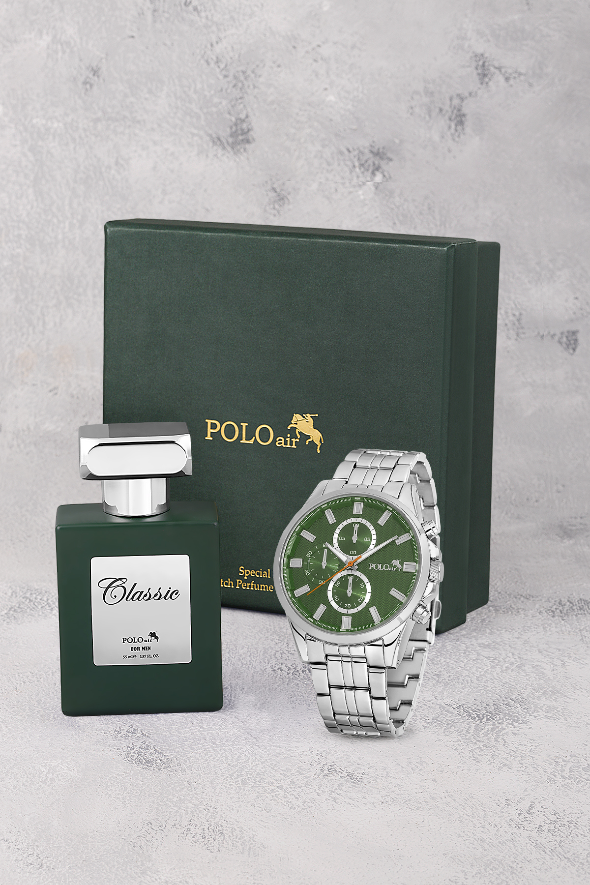 Erkek Kol Saati Ve 55Ml Parfüm Hediyelik Kutusunda Set Gümüş Yeşil Renk St-5007E3 Yeşil St-5007E3