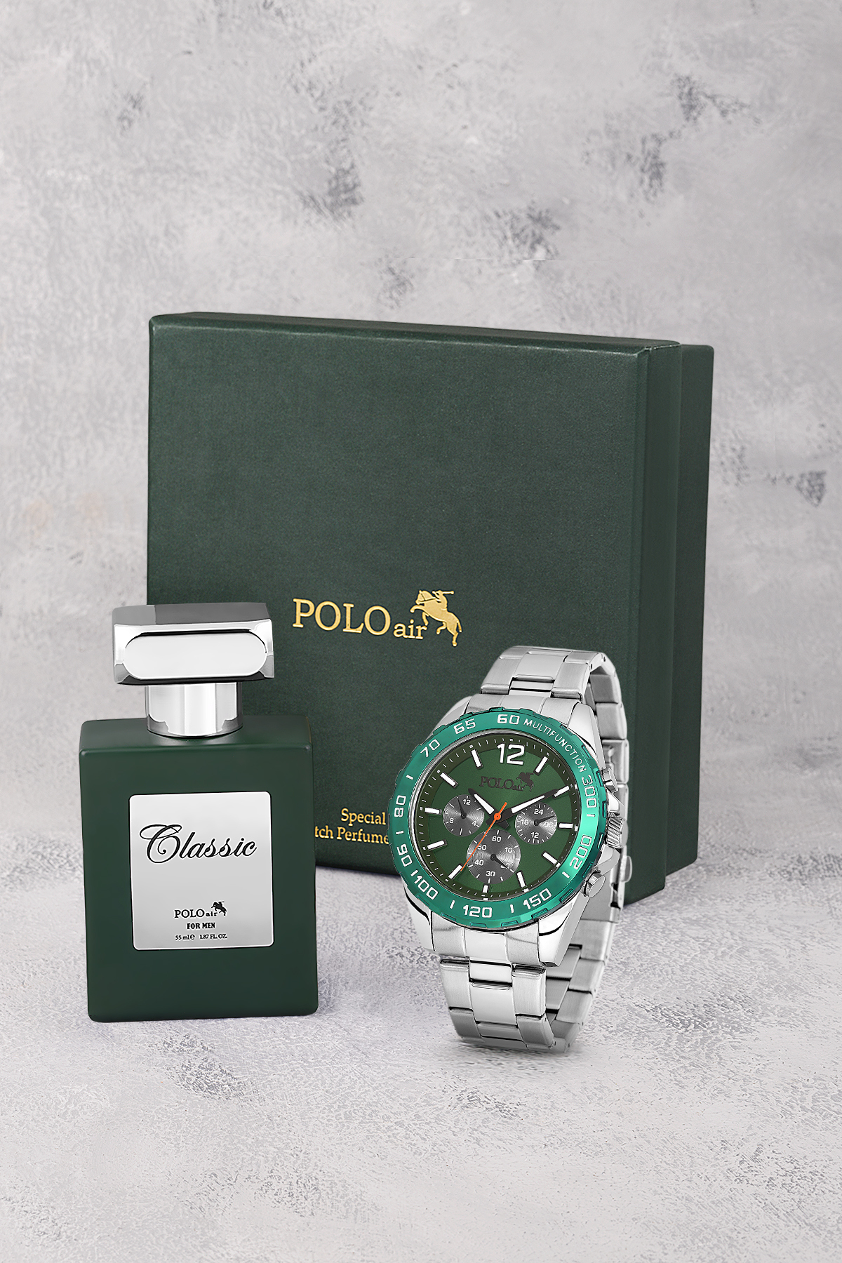 Erkek Kol Saati Ve 55Ml Parfüm Hediyelik Kutusunda Set Gümüş Yeşil Renk St-5011E3 Yeşil St-5011E3
