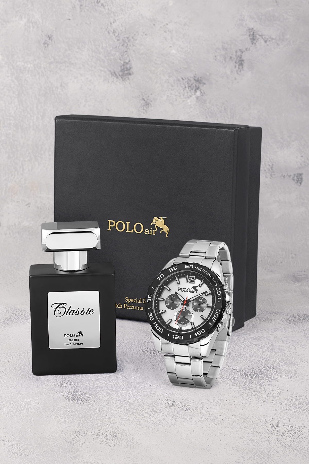 Erkek Kol Saati Ve 55Ml Parfüm Hediyelik Kutusunda Siyah Set Gümüş Renk St-5011E4 Gümüş St-5011E4