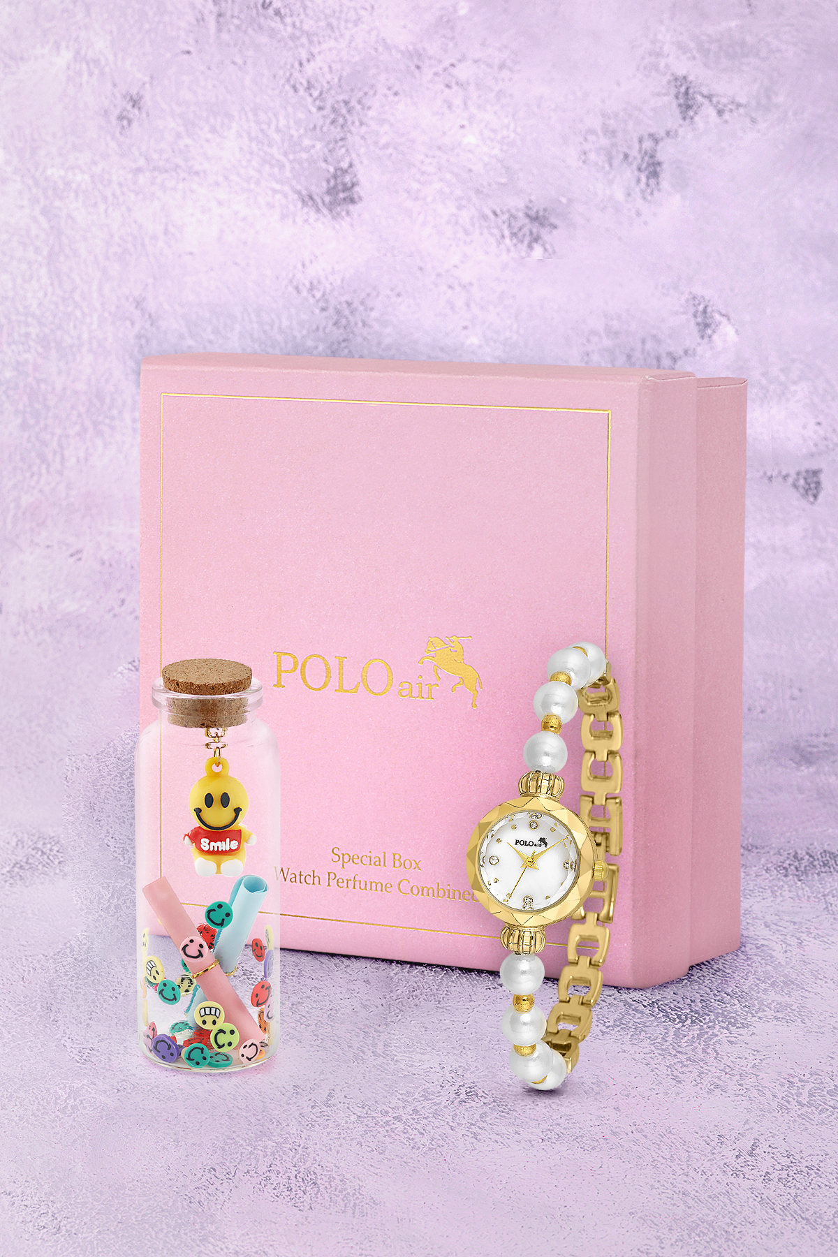 Kadın Kol Saati Smile Figürlü Mantar Tıpalı Özel Notlu Cam Dilek Şişe Seti Gold Beyaz Renk St-2181S1 Altın St-2181S1