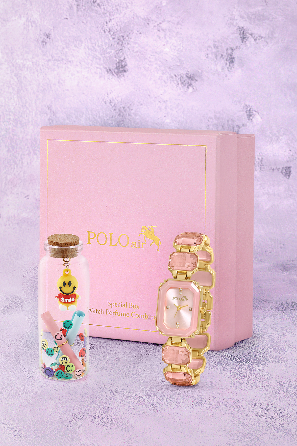 Kadın Kol Saati Smile Figürlü Mantar Tıpalı Özel Notlu Cam Dilek Şişe Seti Gold Pembe Renk St-2180S1 Pembe St-2180S1