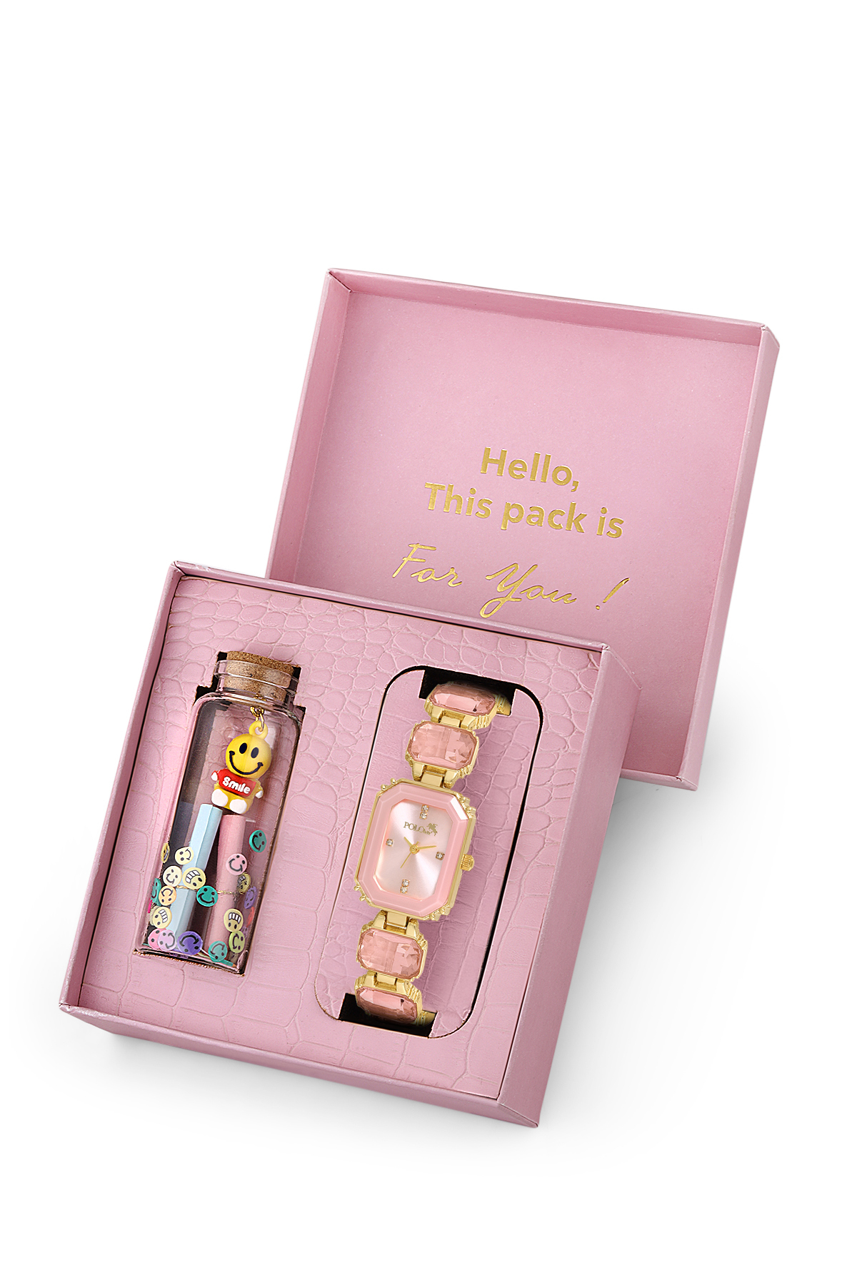 Kadın Kol Saati Smile Figürlü Mantar Tıpalı Özel Notlu Cam Dilek Şişe Seti Gold Pembe Renk St-2180S1 Pembe St-2180S1