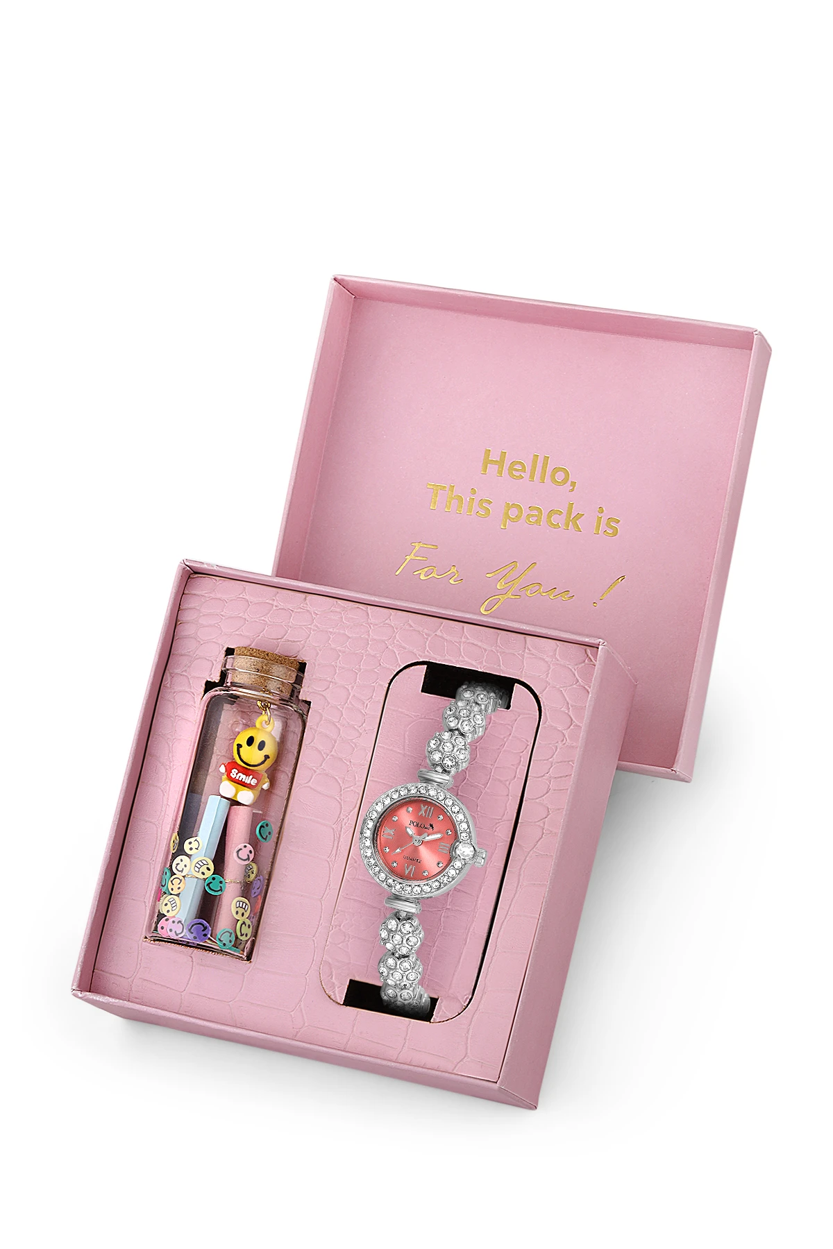 Kadın Kol Saati Smile Figürlü Mantar Tıpalı Özel Notlu Cam Dilek Şişesi Gümüş Kırmızı Renk St-2183S8 Kırmızı St-2183S8