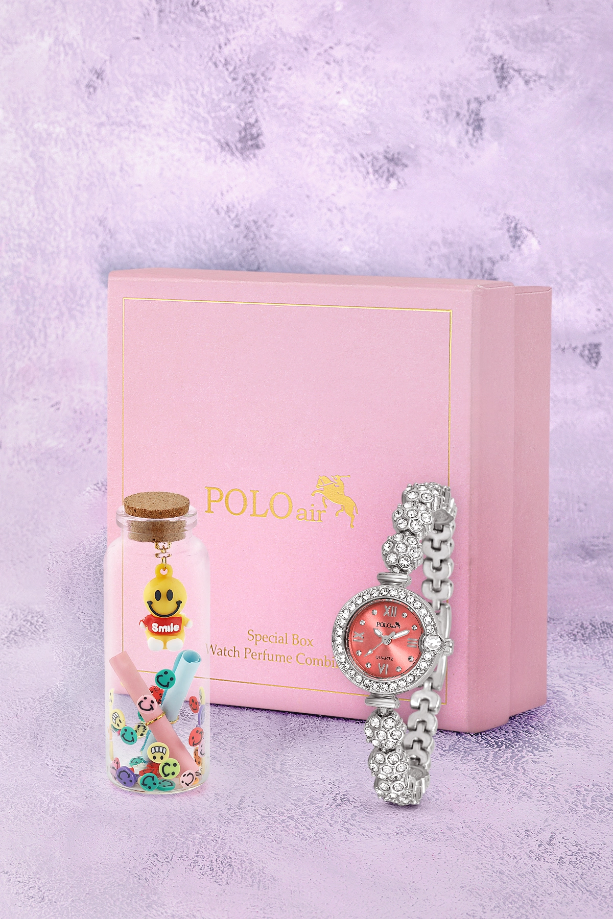 Kadın Kol Saati Smile Figürlü Mantar Tıpalı Özel Notlu Cam Dilek Şişesi Gümüş Kırmızı Renk St-2183S8 Kırmızı St-2183S8