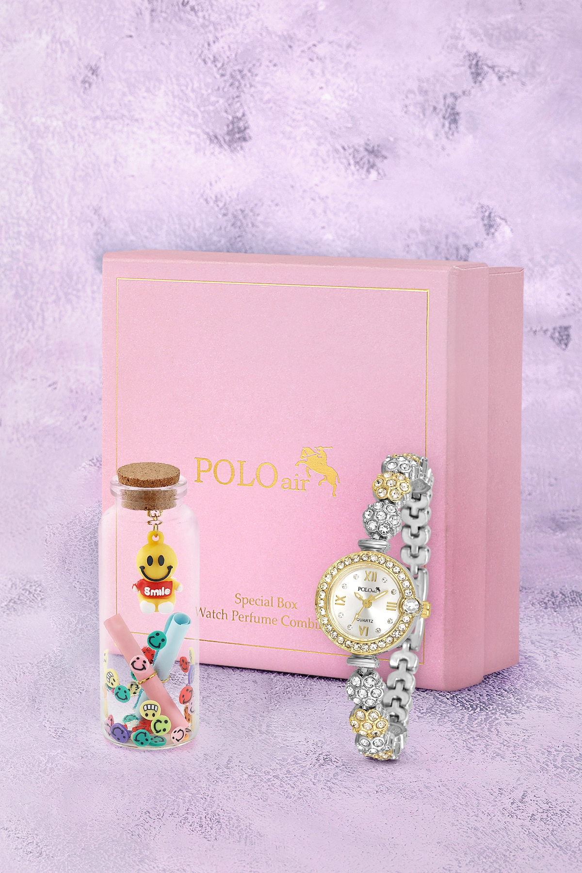 Kadın Kol Saati Ve Smile Figürlü Mantar Tıpalı Özel Notlu Cam Dilek Şişe Gold Gümüş Renk St-2183S3 Altın St-2183S3