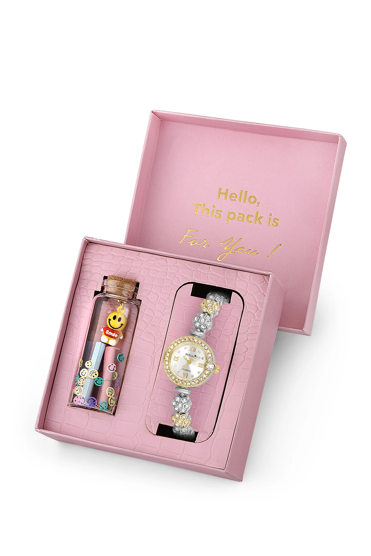 Kadın Kol Saati Ve Smile Figürlü Mantar Tıpalı Özel Notlu Cam Dilek Şişe Gold Gümüş Renk St-2183S3 Altın St-2183S3