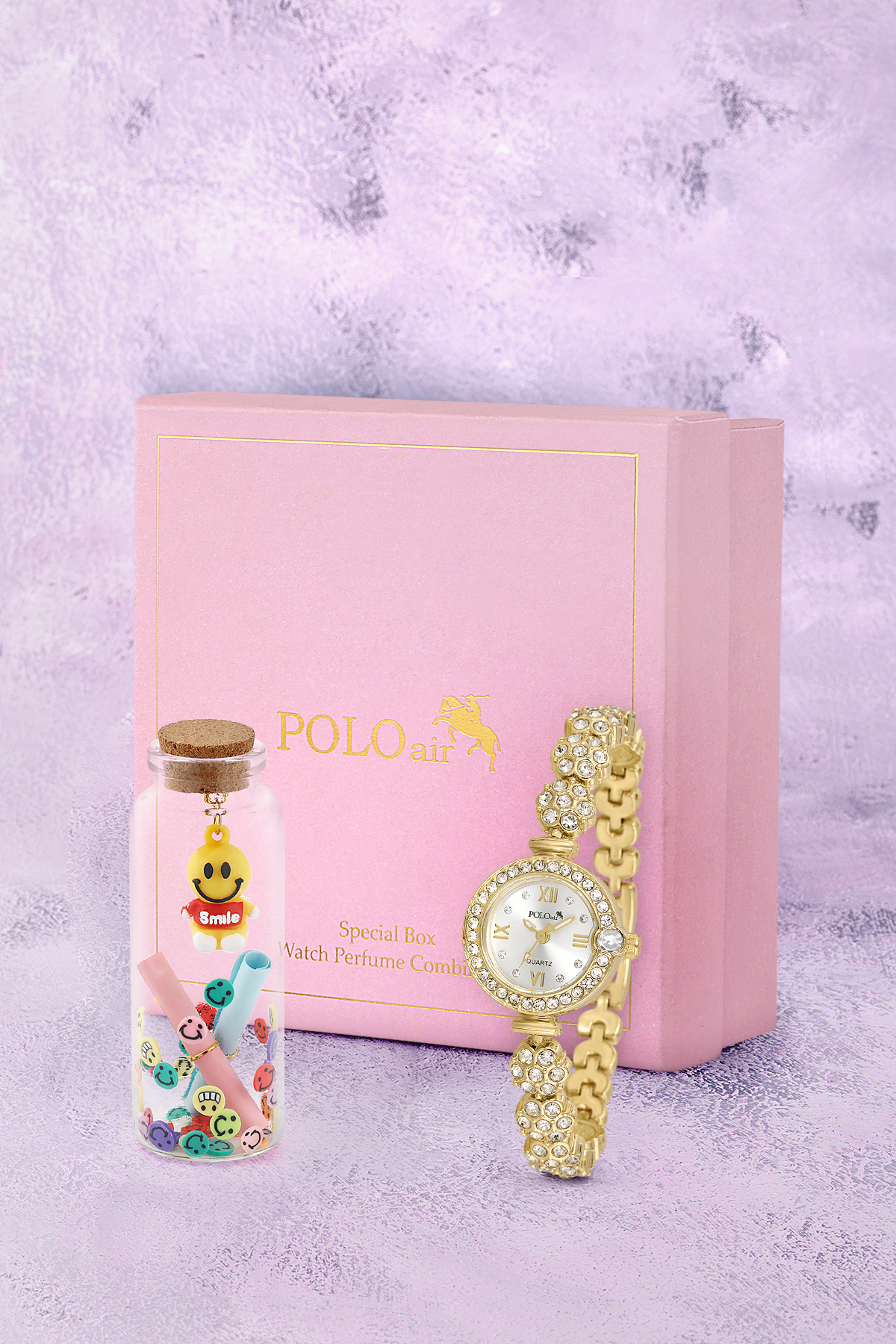 Kadın Kol Saati Ve Smile Figürlü Mantar Tıpalı Özel Notlu Cam Dilek Şişe Gold Renk St-2183S1 Altın St-2183S1