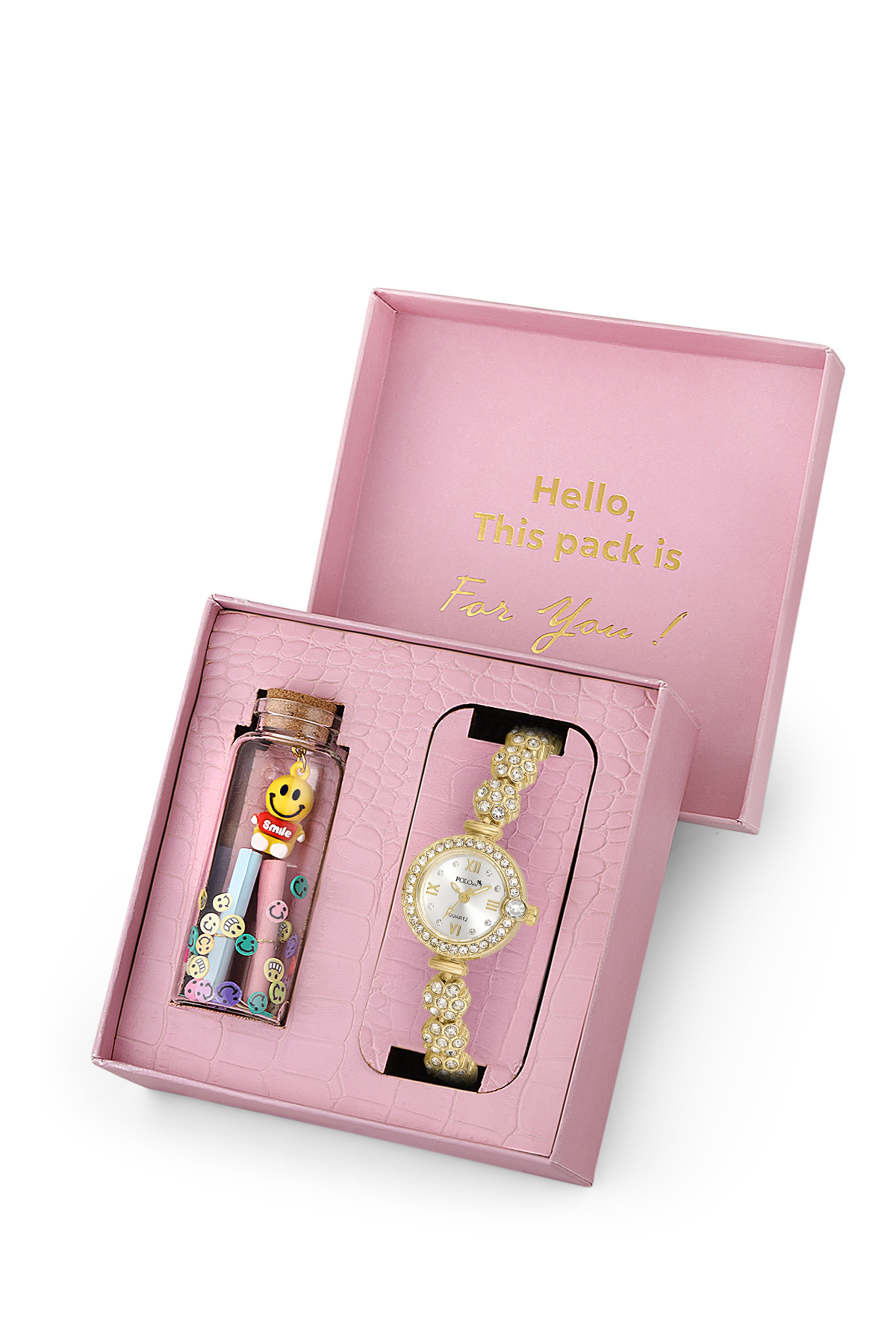 Kadın Kol Saati Ve Smile Figürlü Mantar Tıpalı Özel Notlu Cam Dilek Şişe Gold Renk St-2183S1 Altın St-2183S1