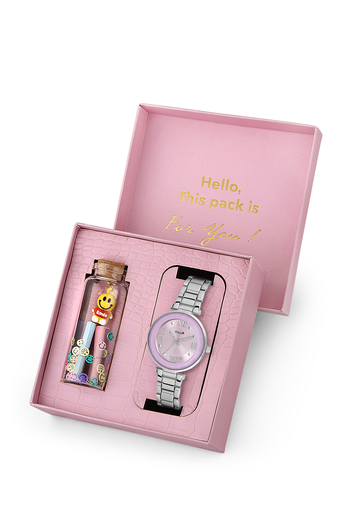 Kadın Kol Saati Ve Smile Figürlü Mantar Tıpalı Özel Notlu Cam Dilek Şişe Gümüş Lila Renk St-2182S5 Mor St-2182S5