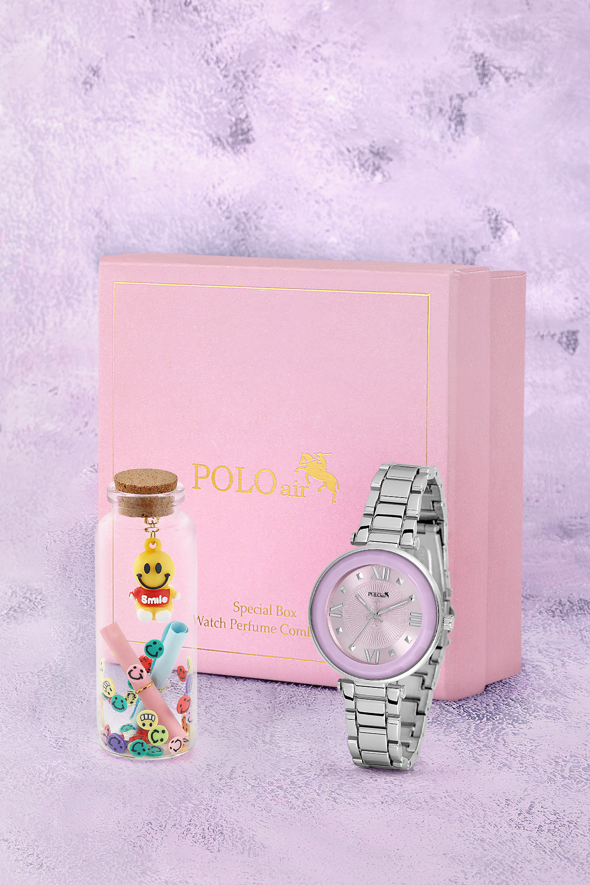 Kadın Kol Saati Ve Smile Figürlü Mantar Tıpalı Özel Notlu Cam Dilek Şişe Gümüş Lila Renk St-2182S5 Mor St-2182S5