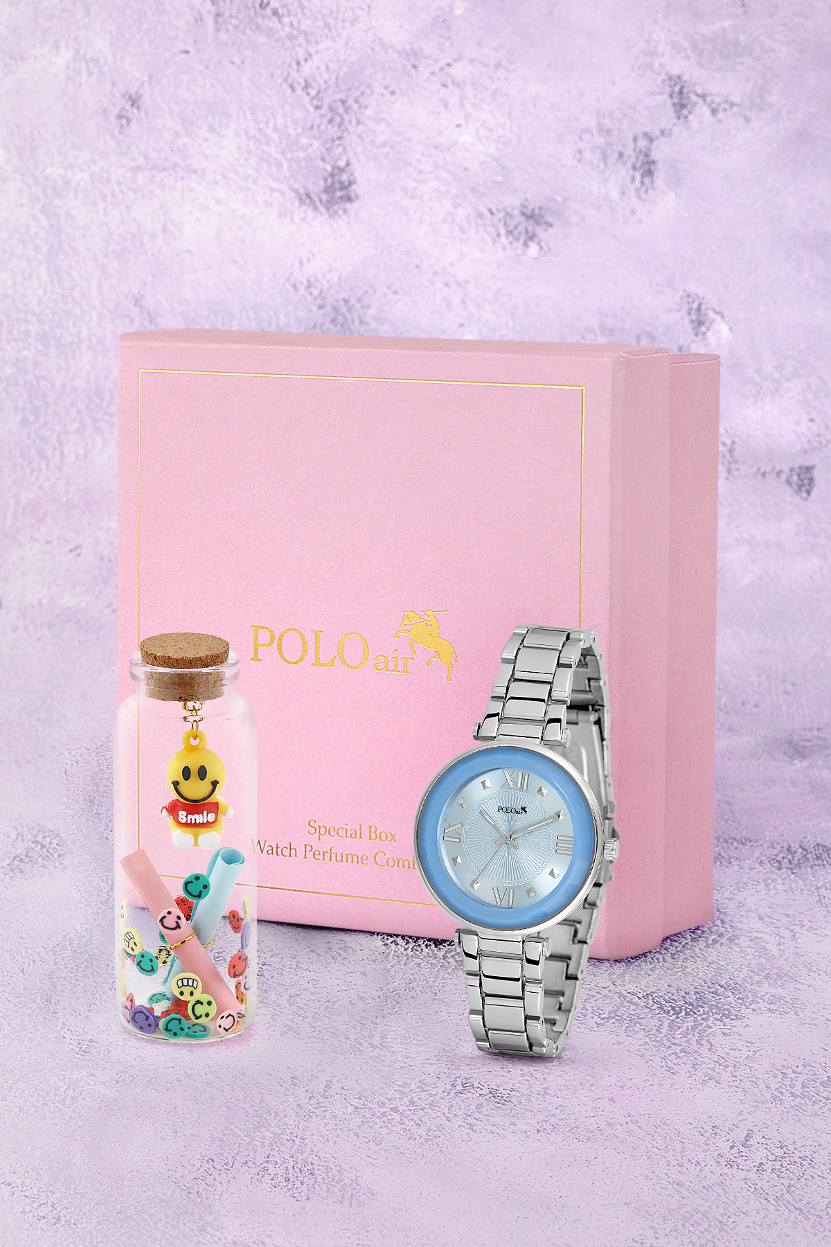 Kadın Kol Saati Ve Smile Figürlü Mantar Tıpalı Özel Notlu Cam Dilek Şişe Gümüş Mavi Renk St-2182S3 Mavi St-2182S3