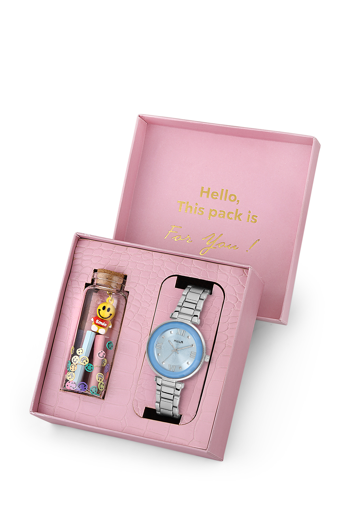 Kadın Kol Saati Ve Smile Figürlü Mantar Tıpalı Özel Notlu Cam Dilek Şişe Gümüş Mavi Renk St-2182S3 Mavi St-2182S3