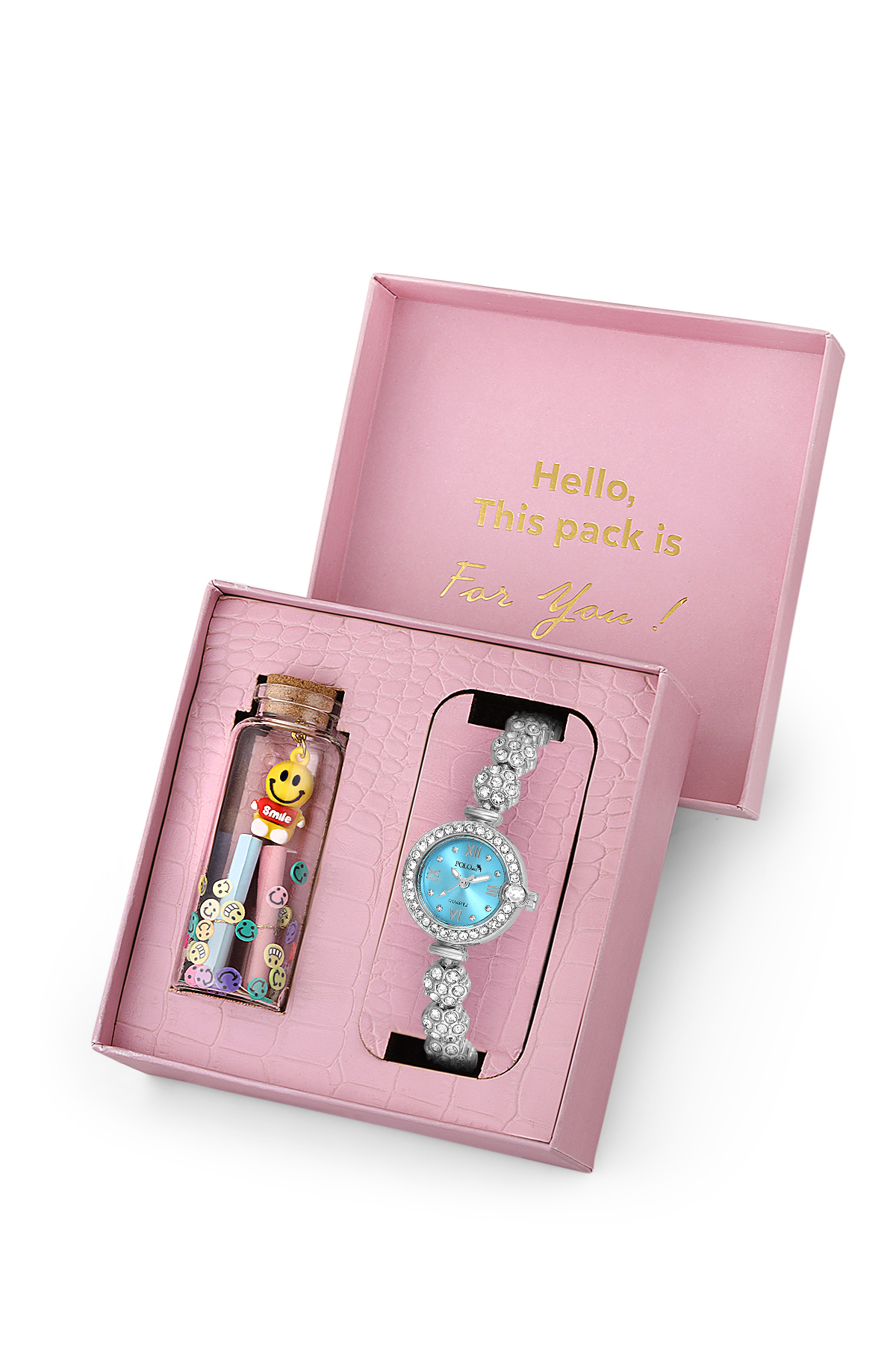 Kadın Kol Saati Ve Smile Figürlü Mantar Tıpalı Özel Notlu Cam Dilek Şişe Gümüş Mavi Renk St-2183S6 Mavi St-2183S6