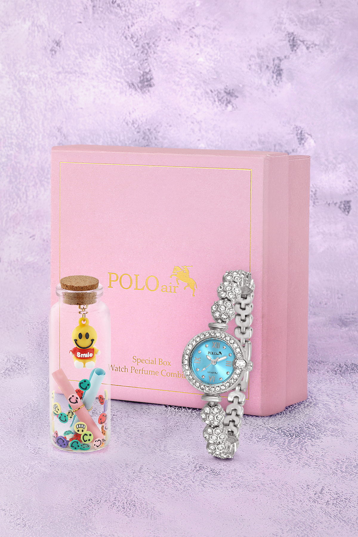 Kadın Kol Saati Ve Smile Figürlü Mantar Tıpalı Özel Notlu Cam Dilek Şişe Gümüş Mavi Renk St-2183S6 Mavi St-2183S6