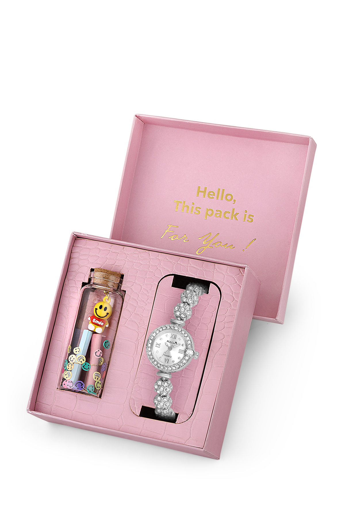 Kadın Kol Saati Ve Smile Figürlü Mantar Tıpalı Özel Notlu Cam Dilek Şişe Gümüş Renk St-2183S2 Gümüş St-2183S2