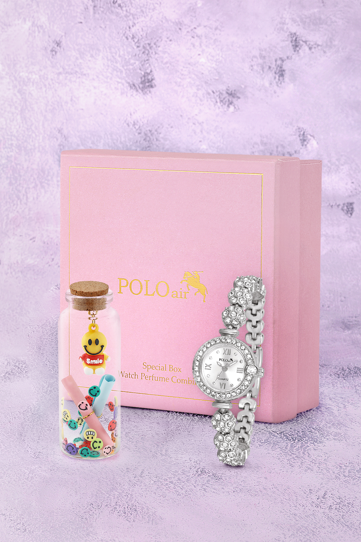 Kadın Kol Saati Ve Smile Figürlü Mantar Tıpalı Özel Notlu Cam Dilek Şişe Gümüş Renk St-2183S2 Gümüş St-2183S2