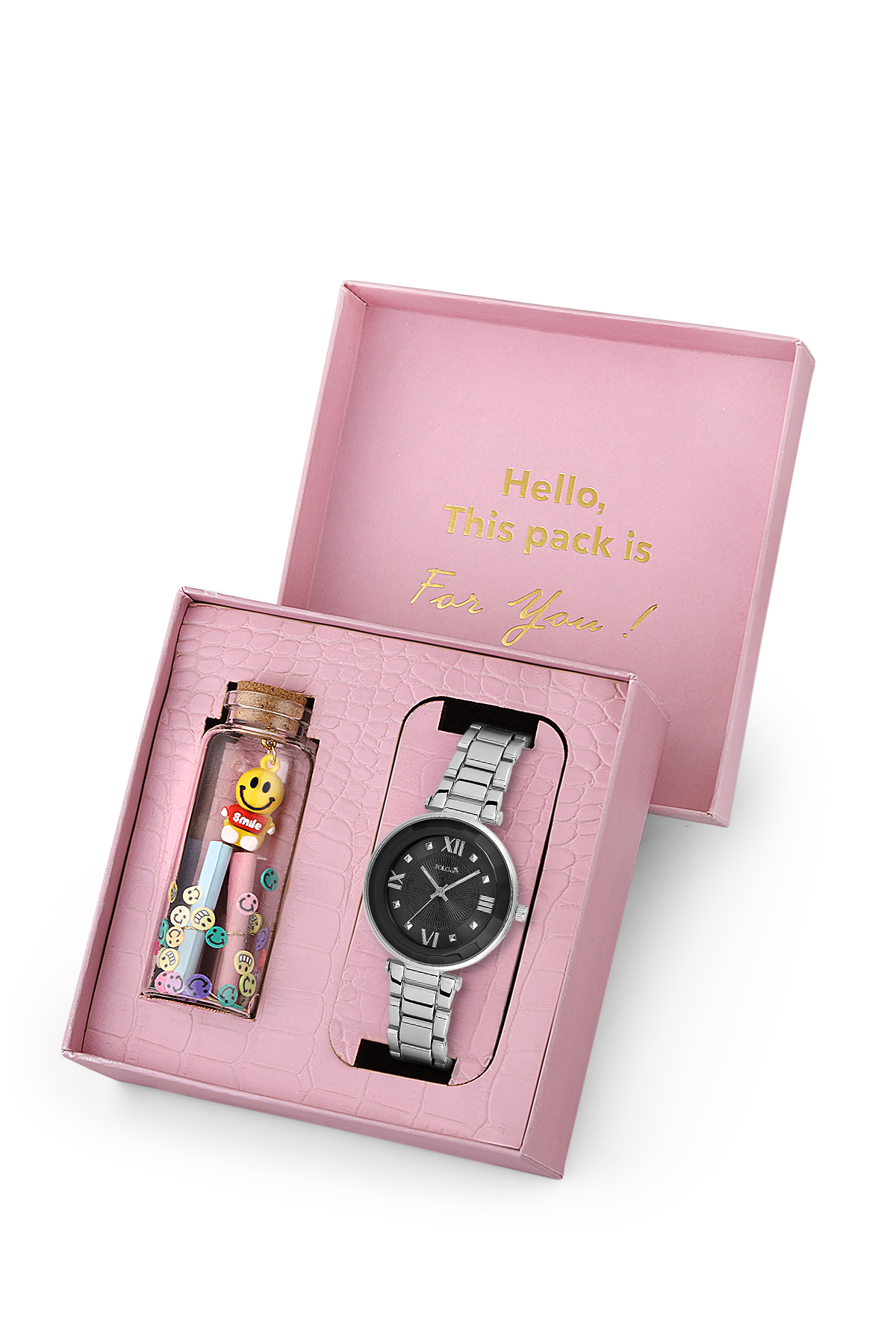 Kadın Kol Saati Ve Smile Figürlü Mantar Tıpalı Özel Notlu Cam Dilek Şişe Gümüş Siyah Renk St-2182S1 Siyah St-2182S1