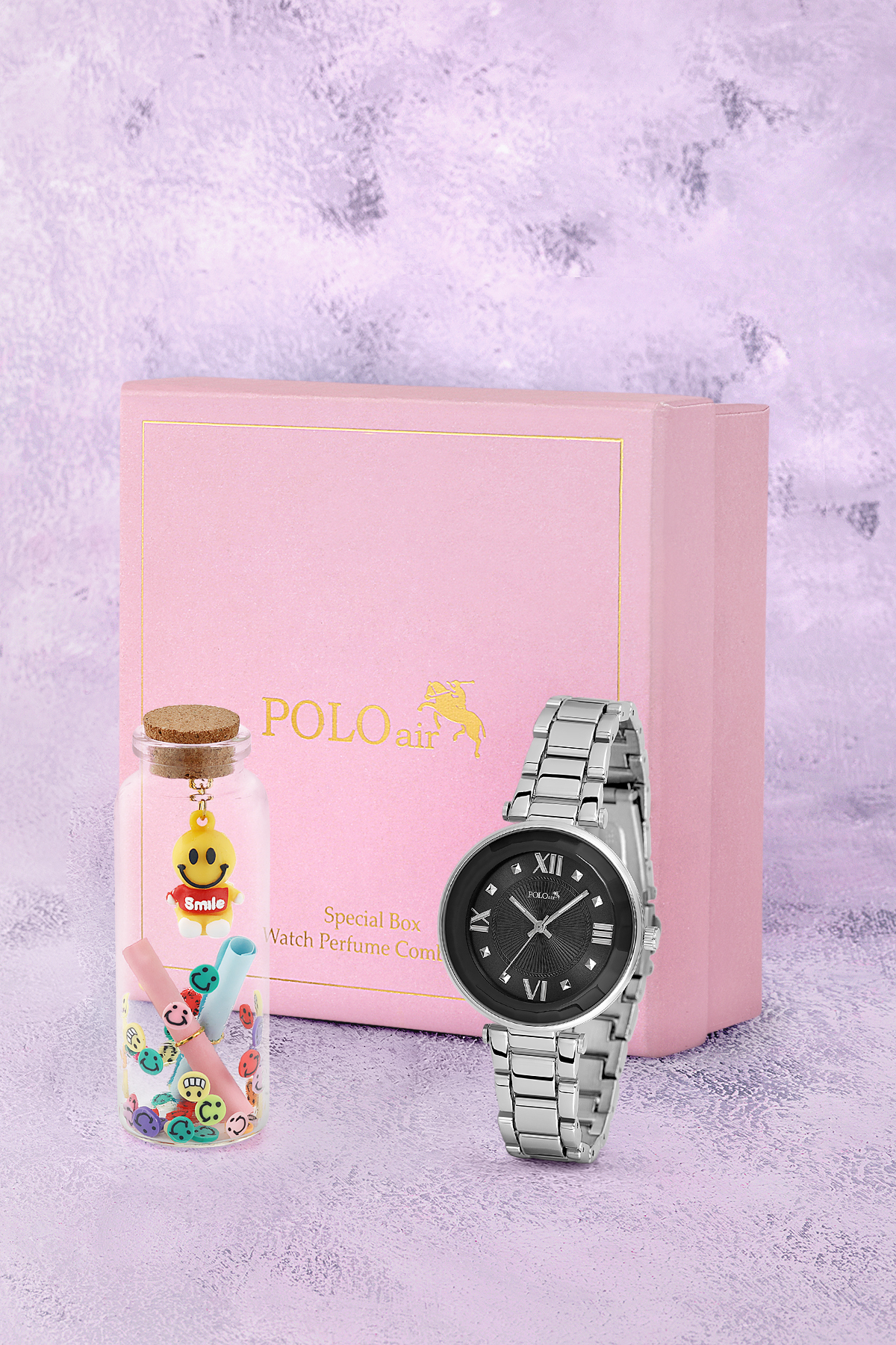 Kadın Kol Saati Ve Smile Figürlü Mantar Tıpalı Özel Notlu Cam Dilek Şişe Gümüş Siyah Renk St-2182S1 Siyah St-2182S1