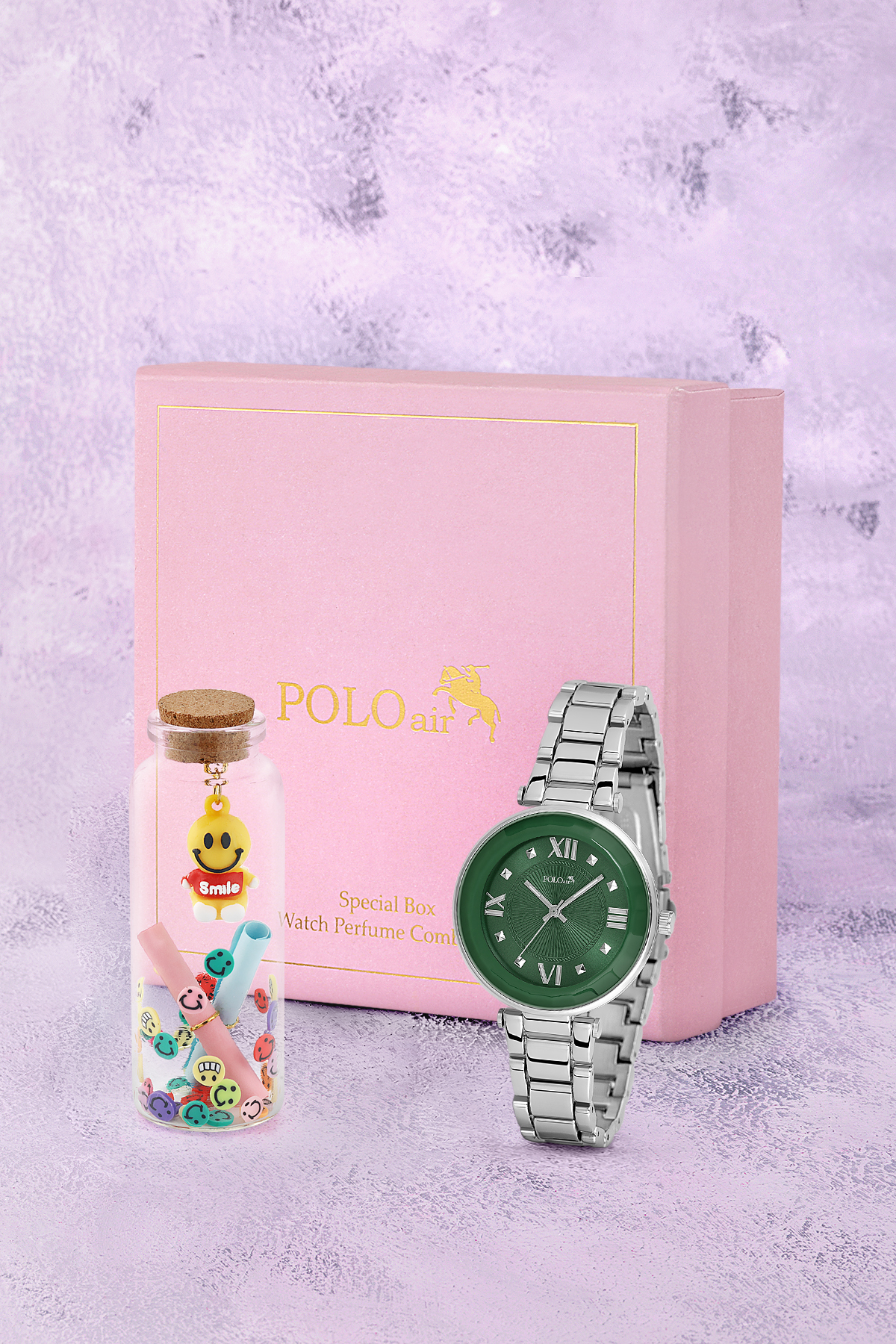 Kadın Kol Saati Ve Smile Figürlü Mantar Tıpalı Özel Notlu Cam Dilek Şişe Gümüş Yeşil Renk St-2182S4 Yeşil St-2182S4