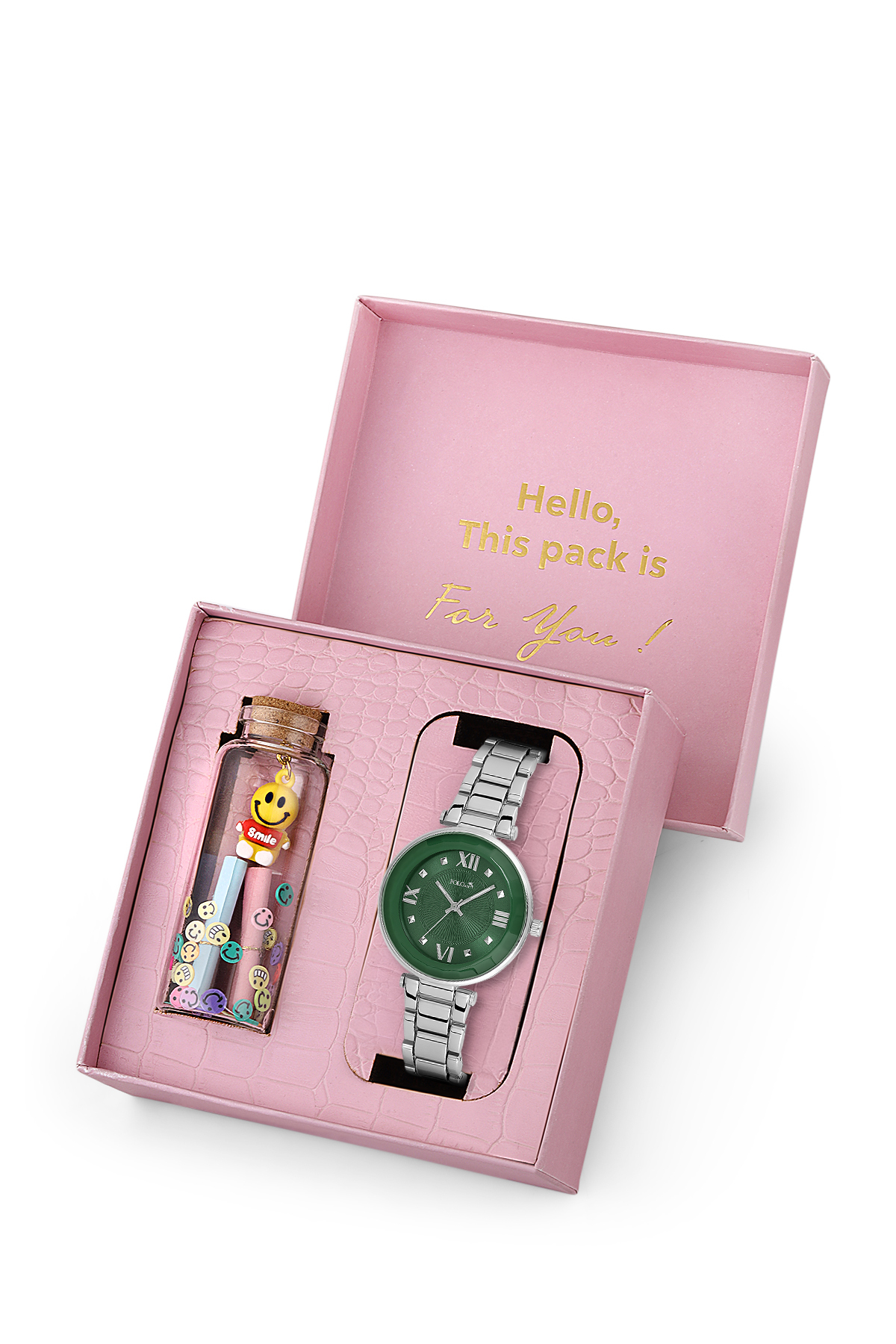 Kadın Kol Saati Ve Smile Figürlü Mantar Tıpalı Özel Notlu Cam Dilek Şişe Gümüş Yeşil Renk St-2182S4 Yeşil St-2182S4