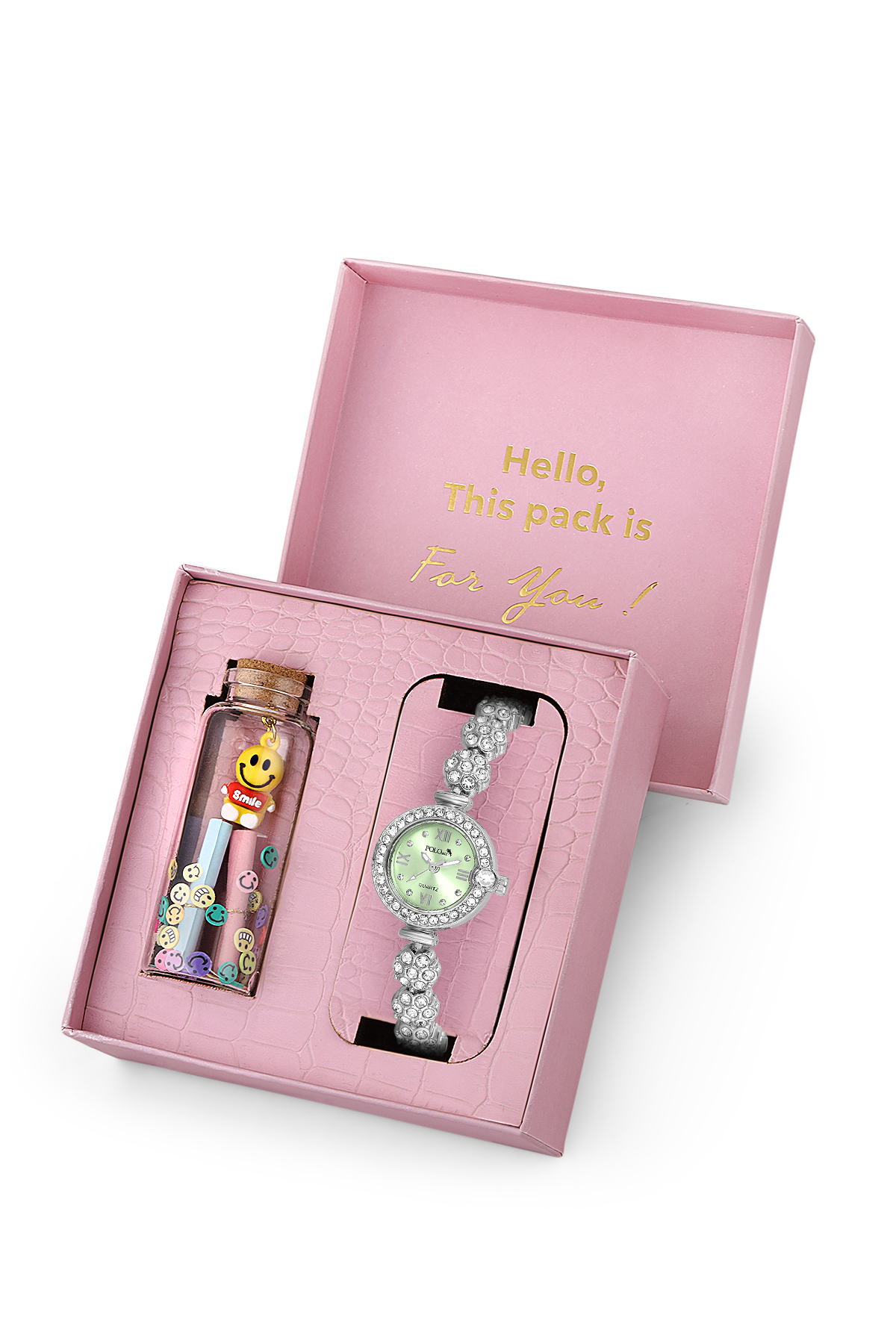 Kadın Kol Saati Ve Smile Figürlü Mantar Tıpalı Özel Notlu Cam Dilek Şişe Gümüş Yeşil Renk St-2183S5 Yeşil St-2183S5