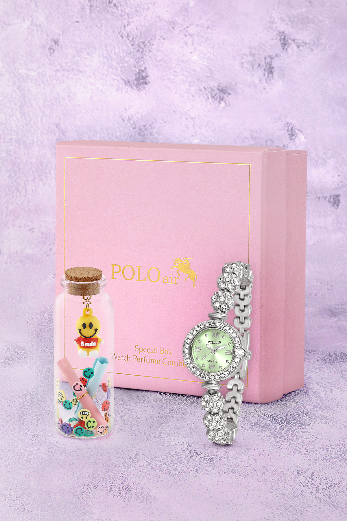 Kadın Kol Saati Ve Smile Figürlü Mantar Tıpalı Özel Notlu Cam Dilek Şişe Gümüş Yeşil Renk St-2183S5 Yeşil St-2183S5