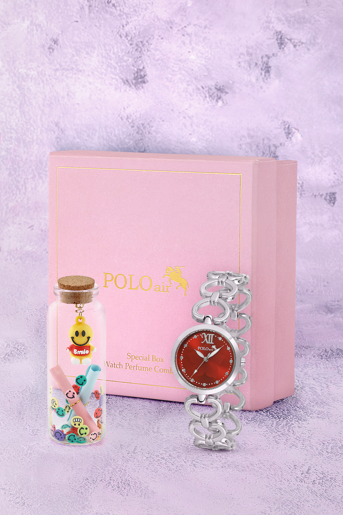 Kalp Detaylı Kadın Kol Saati Smile Figürlü Özel Notlu Cam Dilek Şişe Gümüş Kırmızı Renk St-2187S6 Kırmızı St-2187S6