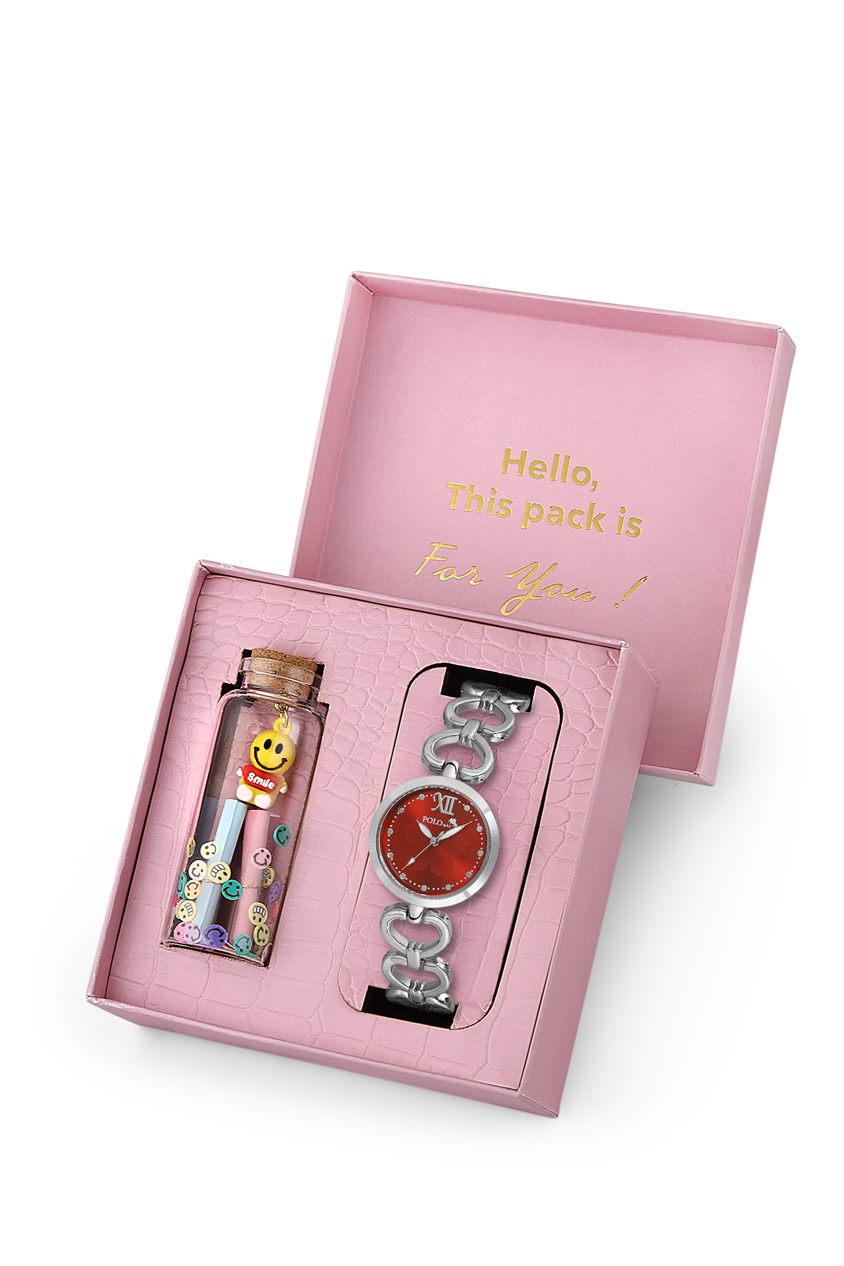 Kalp Detaylı Kadın Kol Saati Smile Figürlü Özel Notlu Cam Dilek Şişe Gümüş Kırmızı Renk St-2187S6 Kırmızı St-2187S6