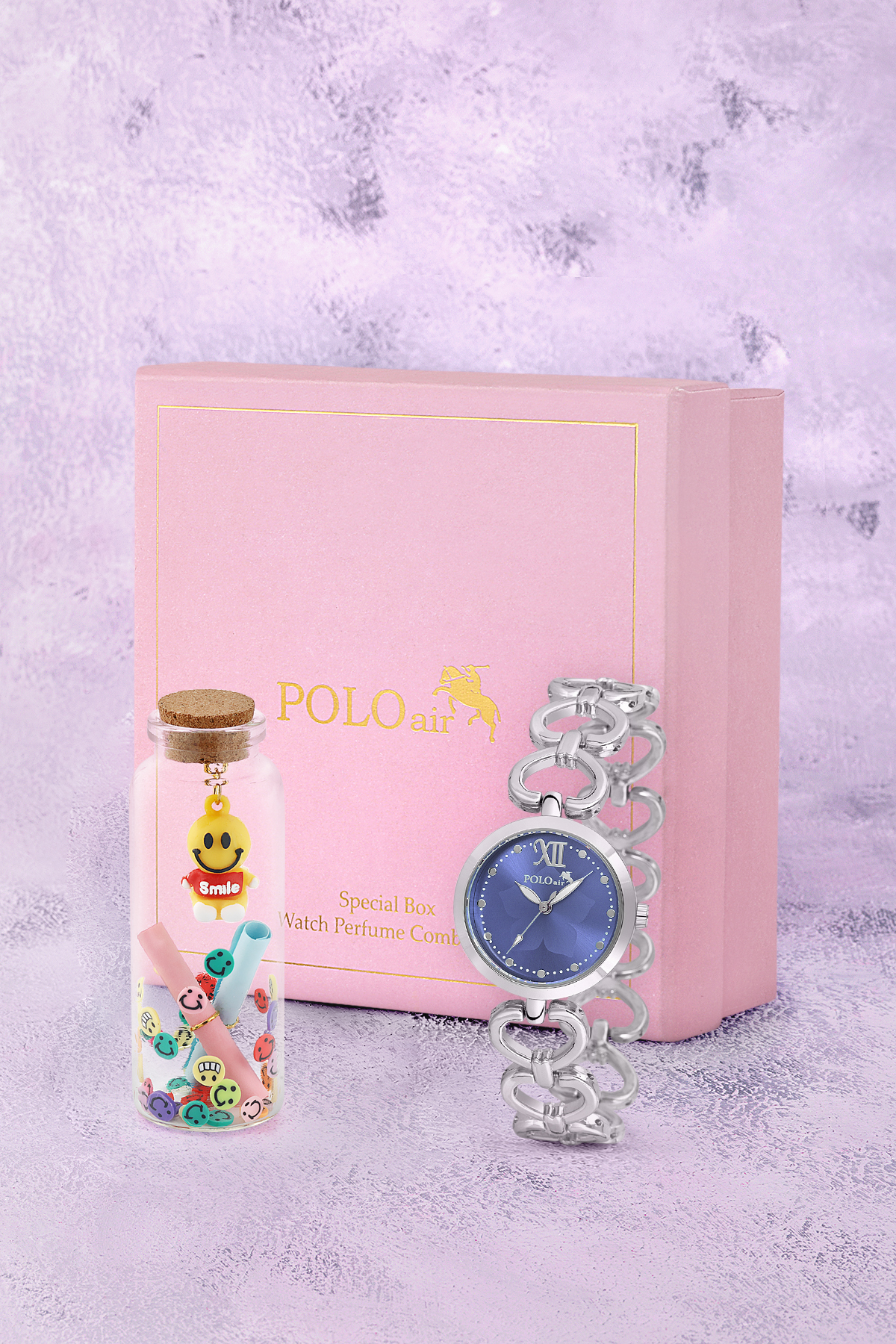 Kalp Detaylı Kadın Kol Saati Smile Figürlü Özel Notlu Cam Dilek Şişe Gümüş Lacivert Renk St-2187S5 Lacivert St-2187S5