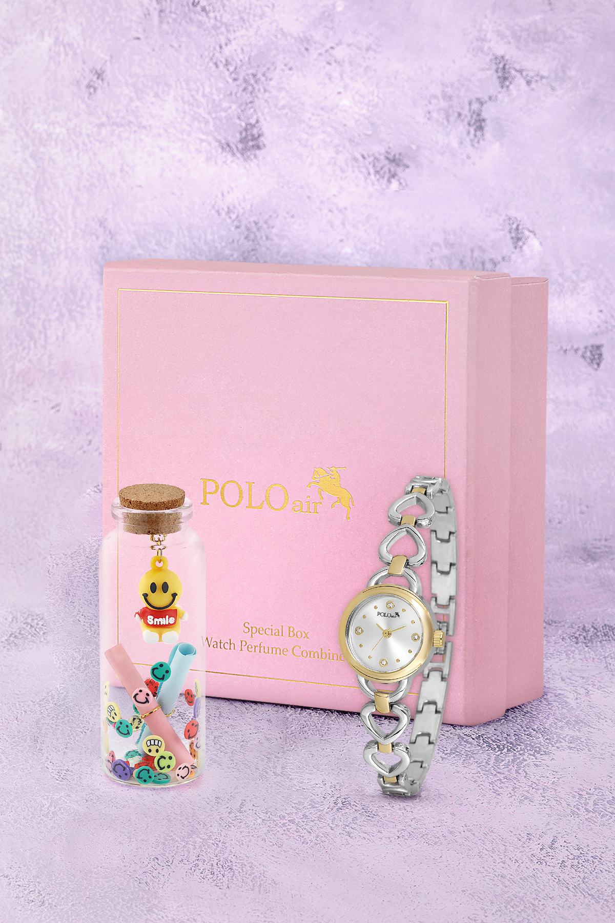 Kalp Detaylı Kadın Kol Saati Smile Figürlü Özel Notlu Cam Dilek Şişe Seti Gold Gümüş Renk St-2185S3 Çok Renkli St-2185S3