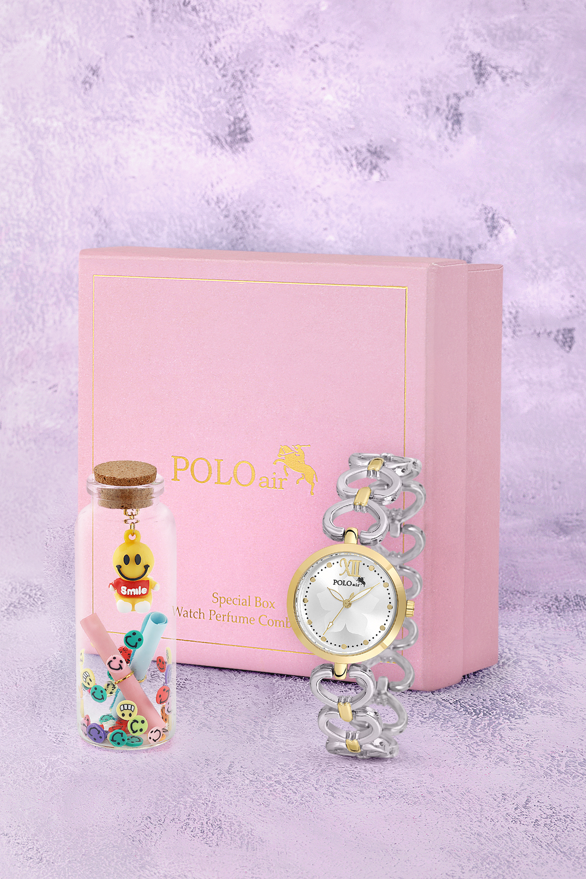 Kalp Detaylı Kadın Kol Saati Smile Figürlü Özel Notlu Cam Dilek Şişe Seti Gold Gümüş Renk St-2187S3 Çok Renkli St-2187S3