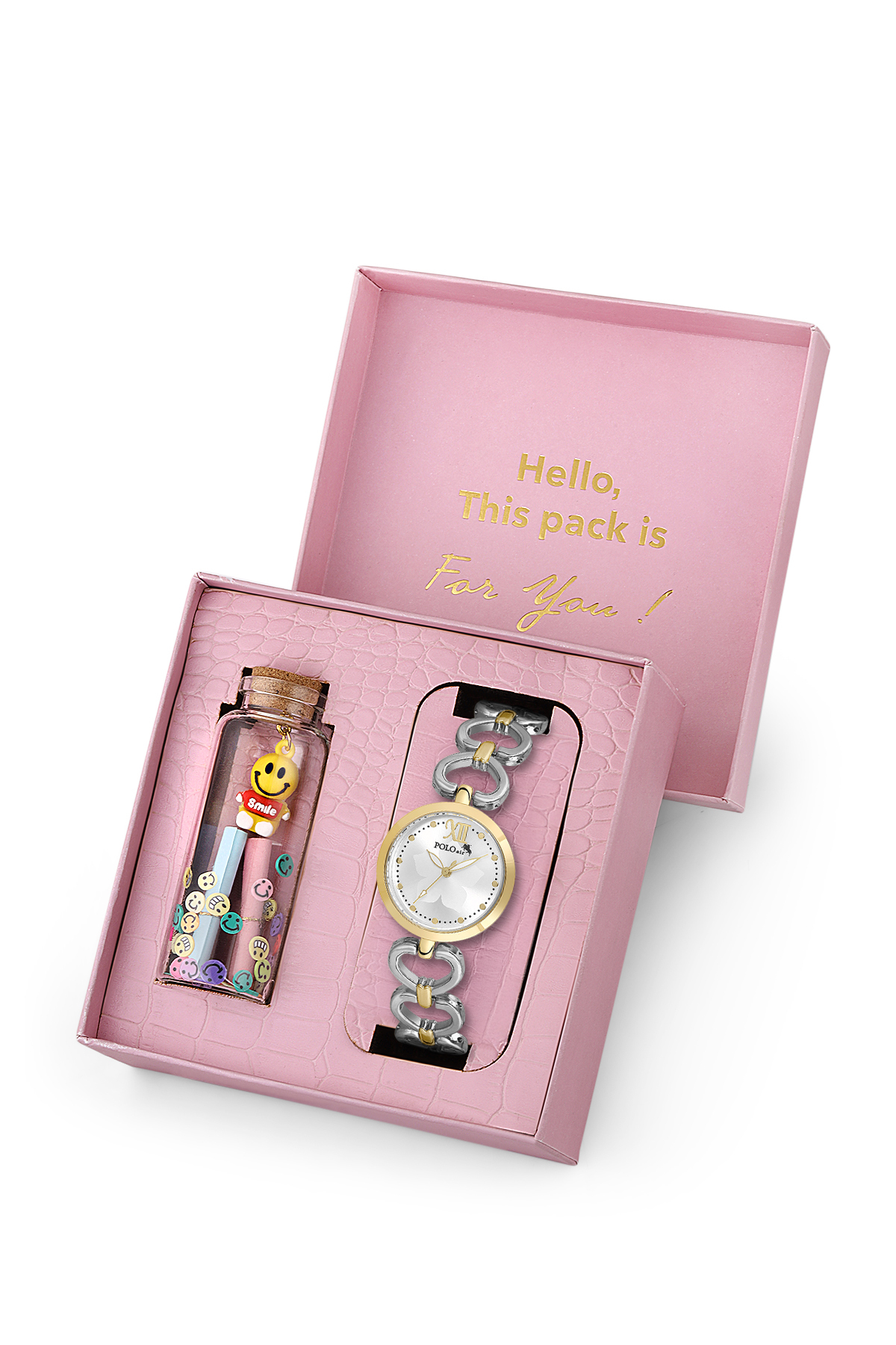 Kalp Detaylı Kadın Kol Saati Smile Figürlü Özel Notlu Cam Dilek Şişe Seti Gold Gümüş Renk St-2187S3 Çok Renkli St-2187S3