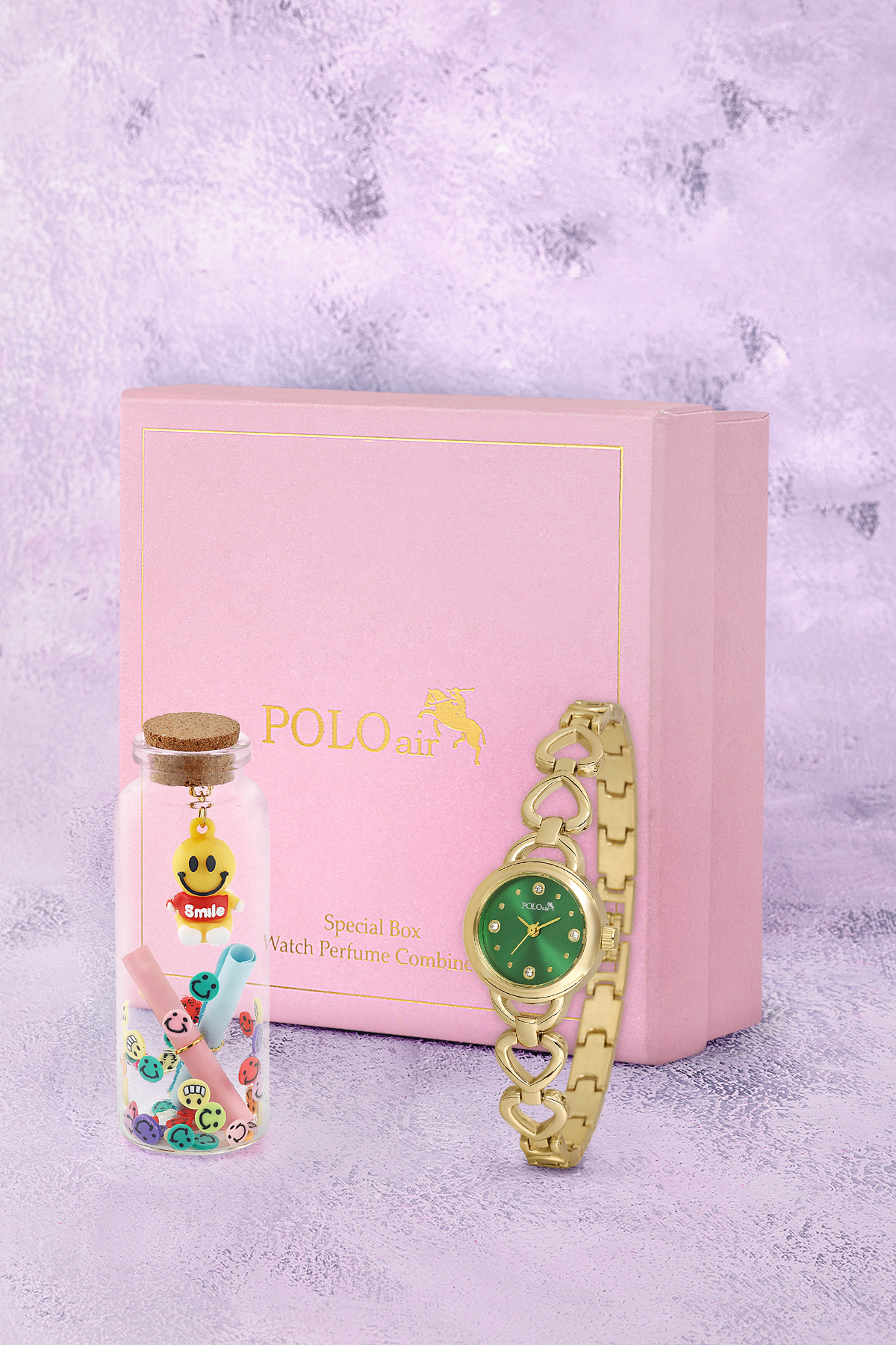 Kalp Detaylı Kadın Kol Saati Smile Figürlü Özel Notlu Cam Dilek Şişe Seti Gold Yeşil Renk St-2185S1 Altın St-2185S1