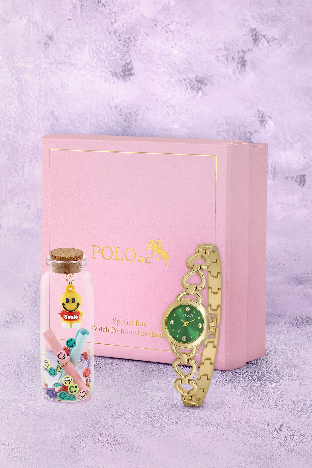 Kalp Detaylı Kadın Kol Saati Smile Figürlü Özel Notlu Cam Dilek Şişe Seti Gold Yeşil Renk St-2185S1 Altın St-2185S1