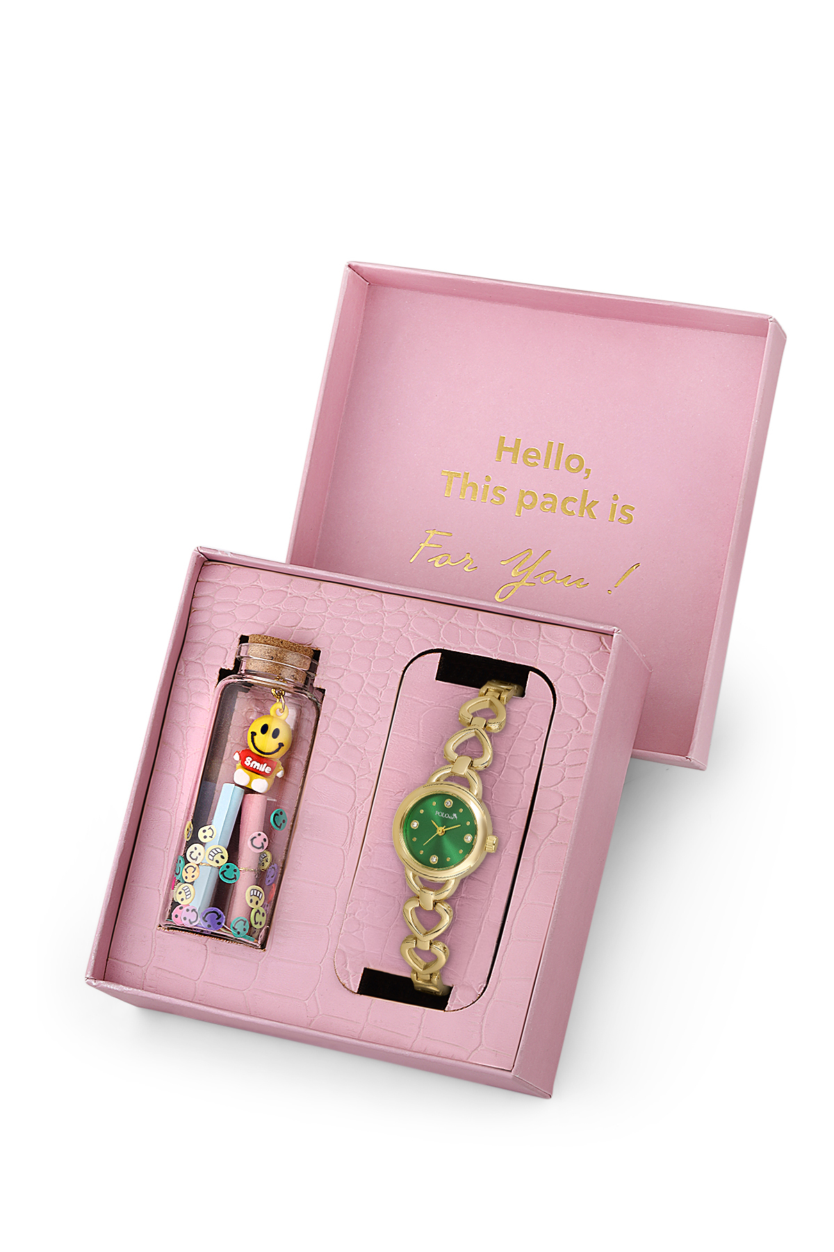 Kalp Detaylı Kadın Kol Saati Smile Figürlü Özel Notlu Cam Dilek Şişe Seti Gold Yeşil Renk St-2185S1 Altın St-2185S1