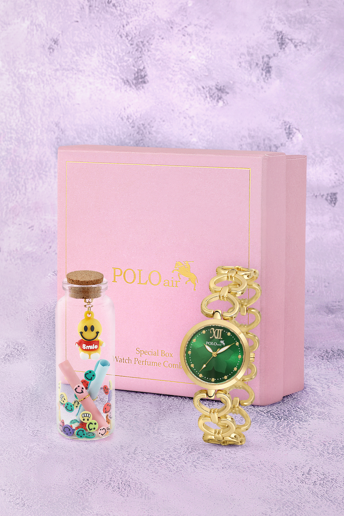 Kalp Detaylı Kadın Kol Saati Smile Figürlü Özel Notlu Cam Dilek Şişe Seti Gold Yeşil Renk St-2187S1 Altın St-2187S1