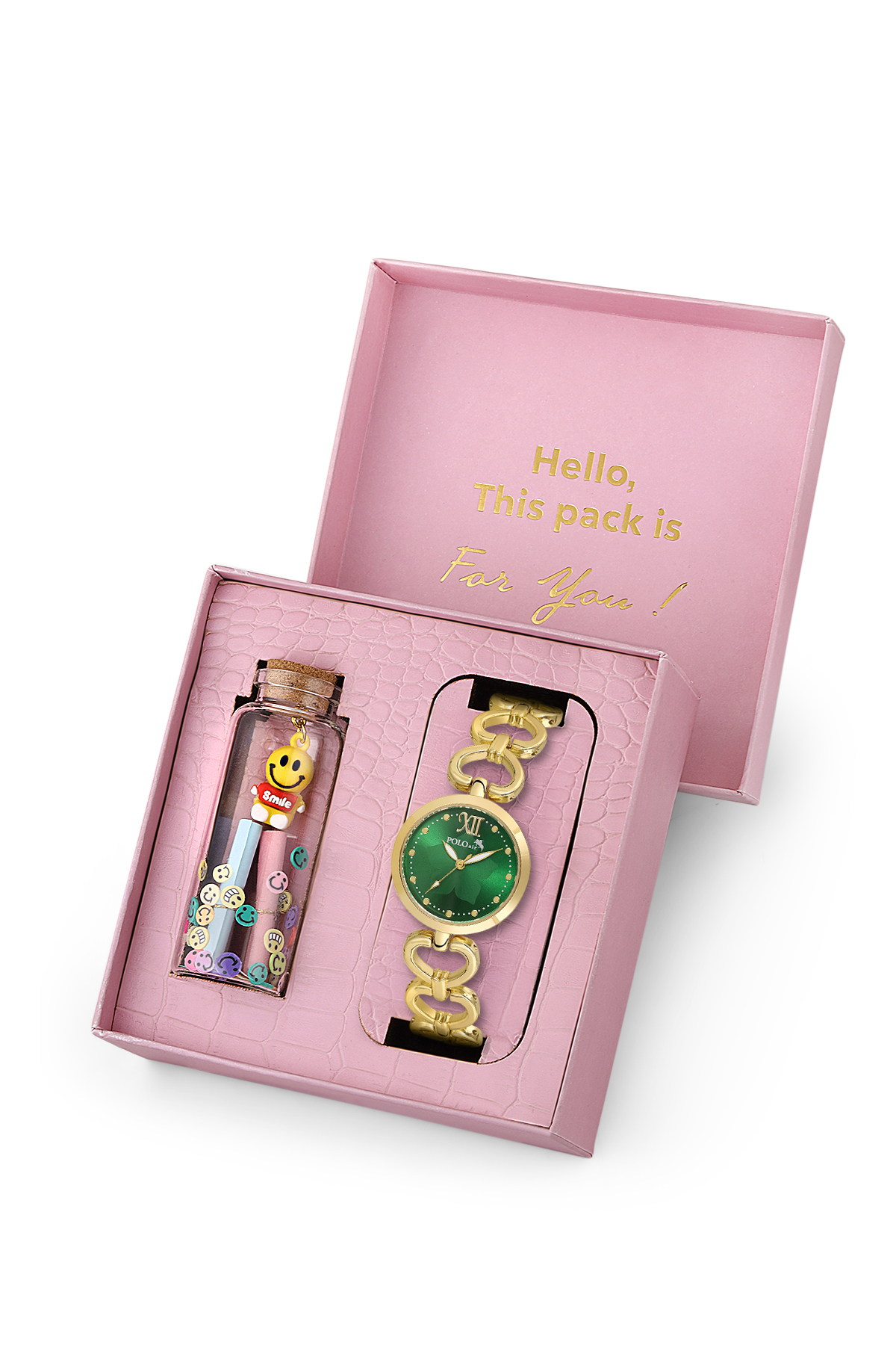 Kalp Detaylı Kadın Kol Saati Smile Figürlü Özel Notlu Cam Dilek Şişe Seti Gold Yeşil Renk St-2187S1 Altın St-2187S1