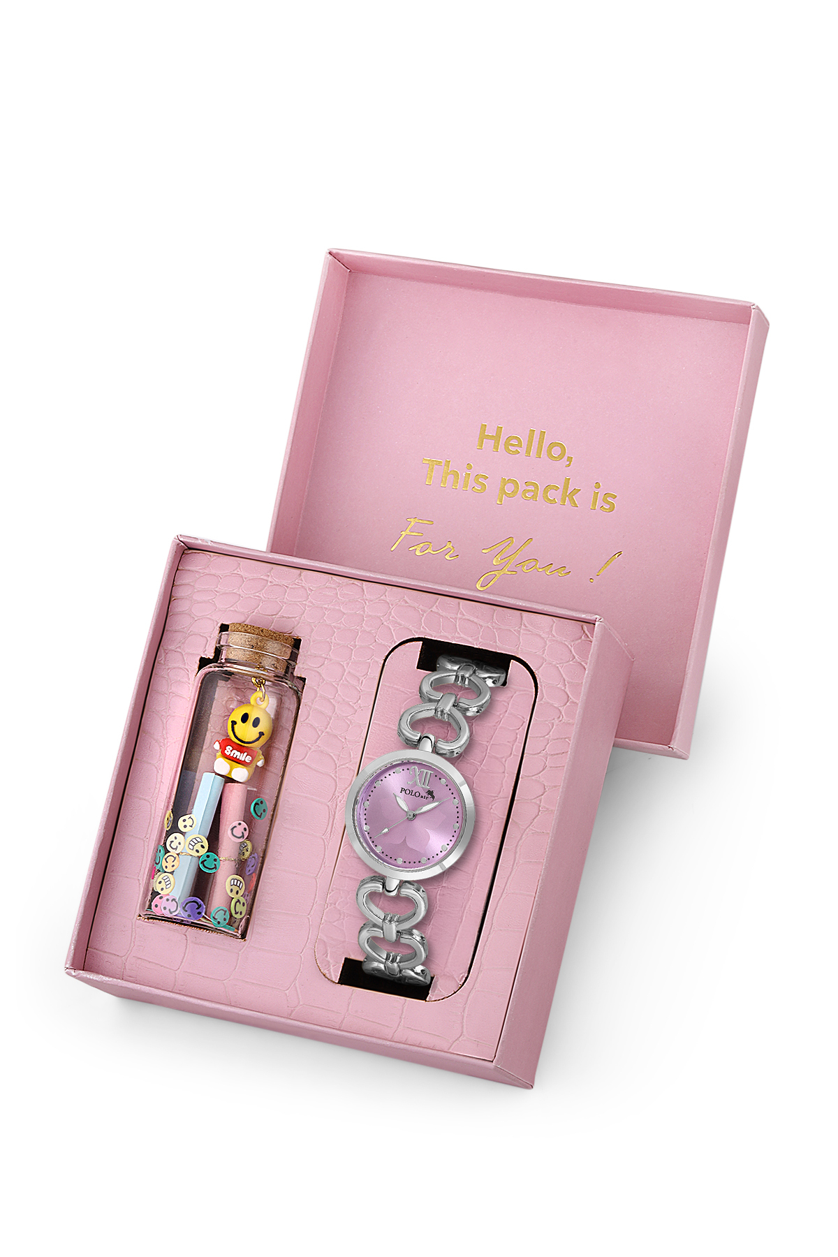 Kalp Detaylı Kadın Kol Saati Smile Figürlü Özel Notlu Cam Dilek Şişe Seti Gümüş Lila Renk St-2187S4 Mor St-2187S4