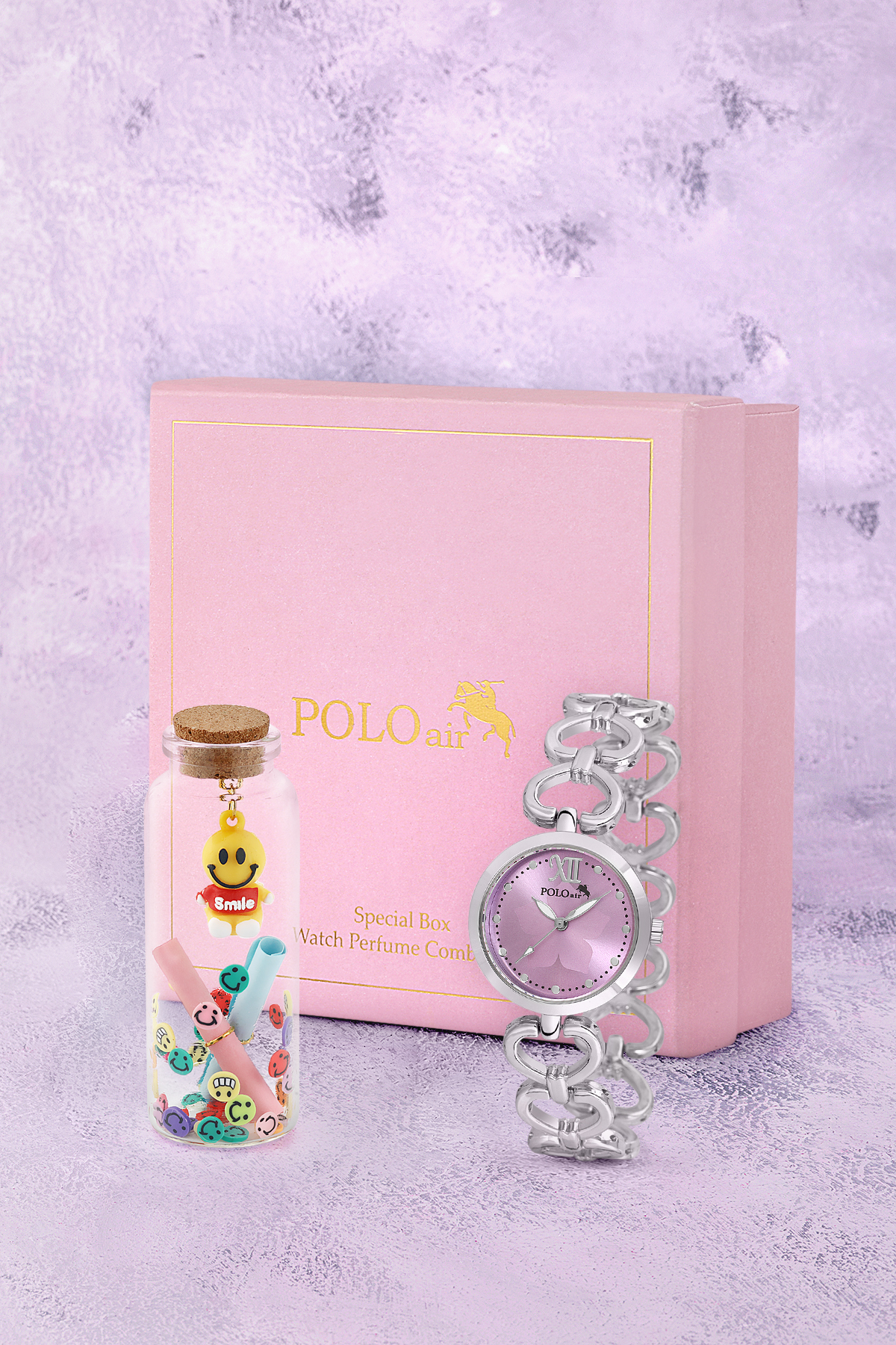 Kalp Detaylı Kadın Kol Saati Smile Figürlü Özel Notlu Cam Dilek Şişe Seti Gümüş Lila Renk St-2187S4 Mor St-2187S4