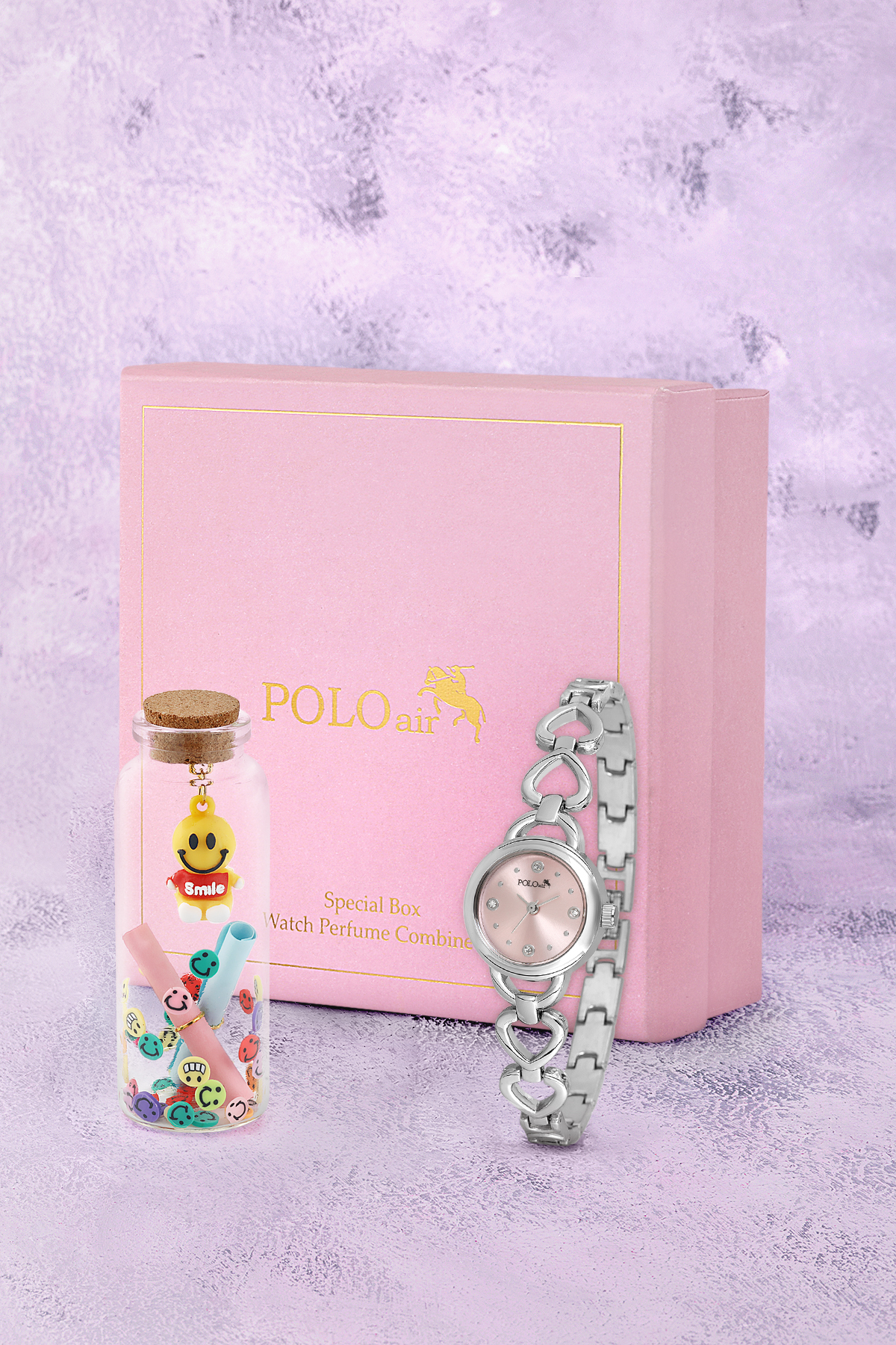 Kalp Detaylı Kadın Kol Saati Smile Figürlü Özel Notlu Cam Dilek Şişe Seti Gümüş Pembe Renk St-2185S4 Pembe St-2185S4