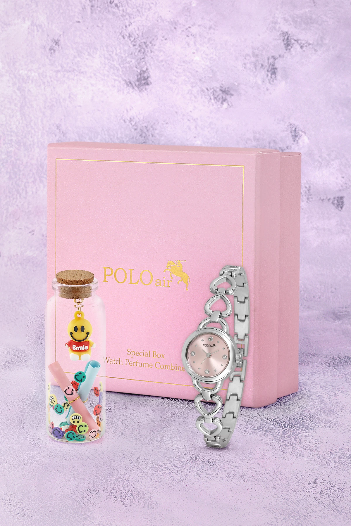 Kalp Detaylı Kadın Kol Saati Smile Figürlü Özel Notlu Cam Dilek Şişe Seti Gümüş Pembe Renk St-2185S4 Pembe St-2185S4