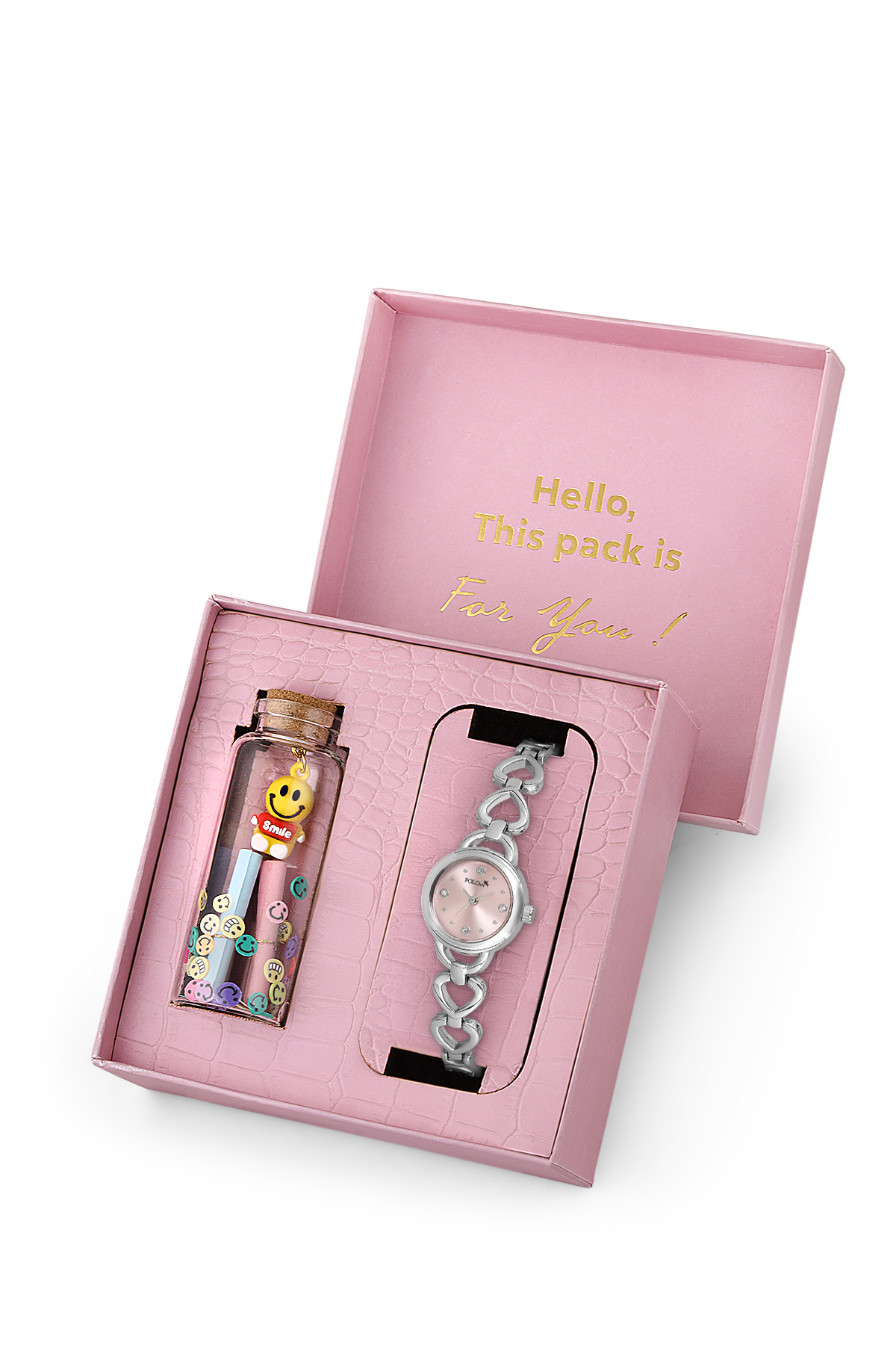 Kalp Detaylı Kadın Kol Saati Smile Figürlü Özel Notlu Cam Dilek Şişe Seti Gümüş Pembe Renk St-2185S4 Pembe St-2185S4