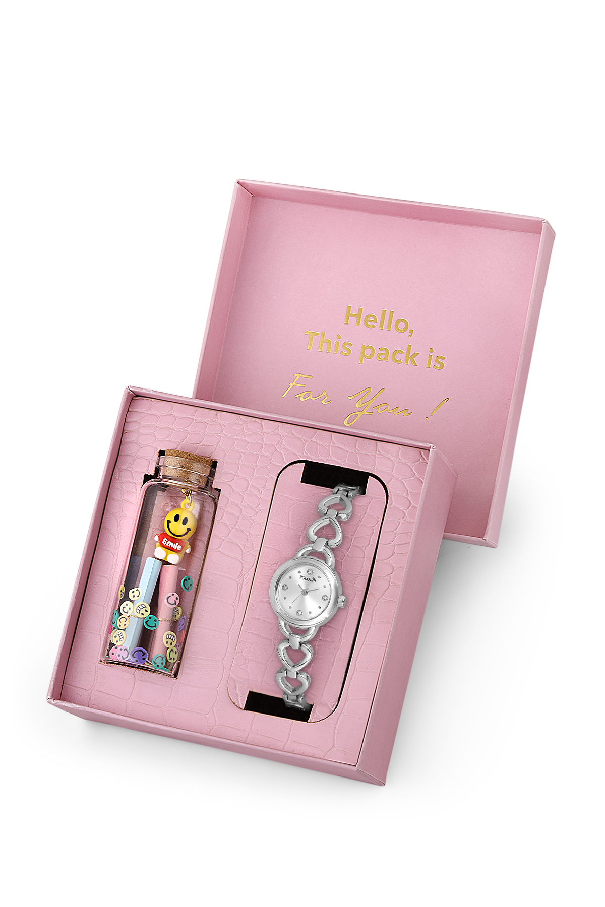 Kalp Detaylı Kadın Kol Saati Smile Figürlü Özel Notlu Cam Dilek Şişe Seti Gümüş Renk St-2185S2 Gümüş St-2185S2