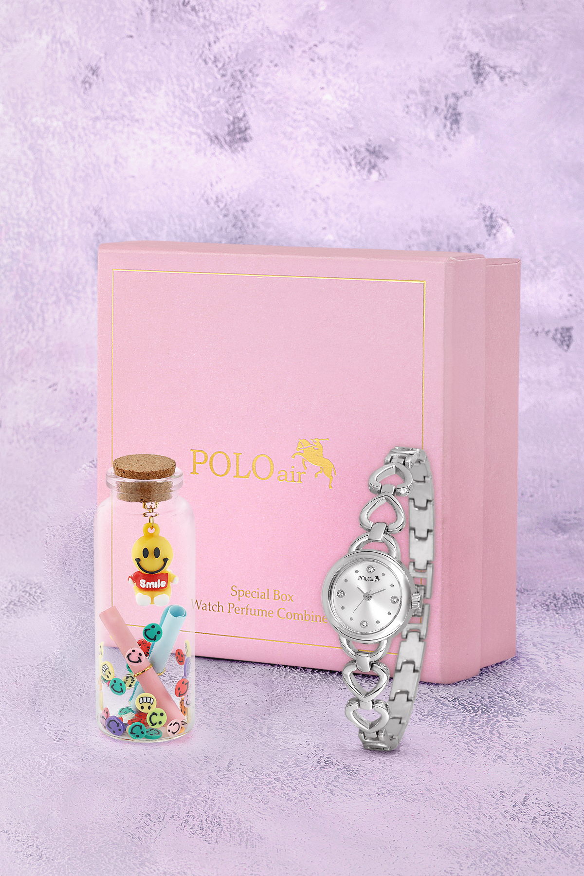 Kalp Detaylı Kadın Kol Saati Smile Figürlü Özel Notlu Cam Dilek Şişe Seti Gümüş Renk St-2185S2 Gümüş St-2185S2