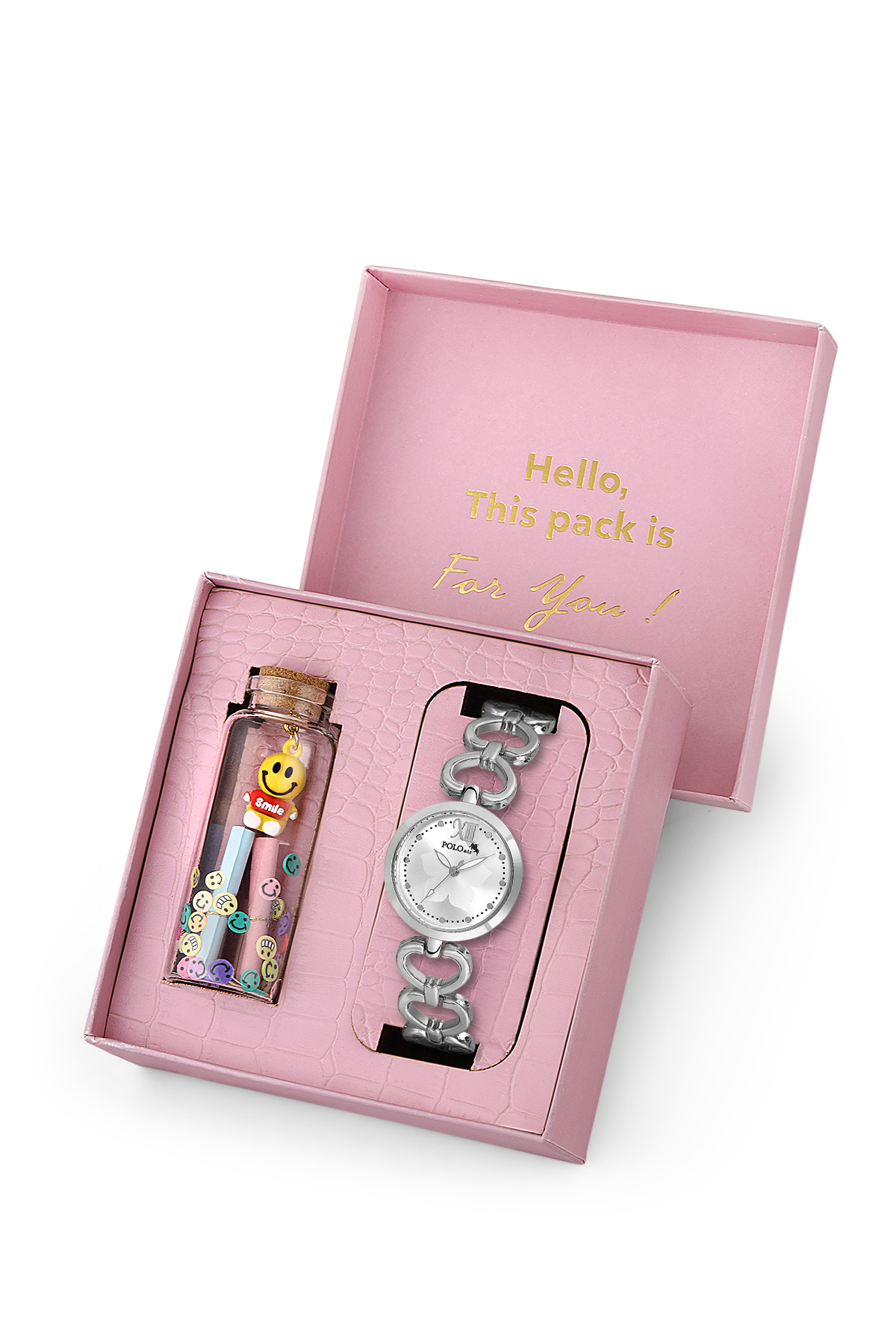 Kalp Detaylı Kadın Kol Saati Smile Figürlü Özel Notlu Cam Dilek Şişe Seti Gümüş Renk St-2187S2 Gümüş St-2187S2