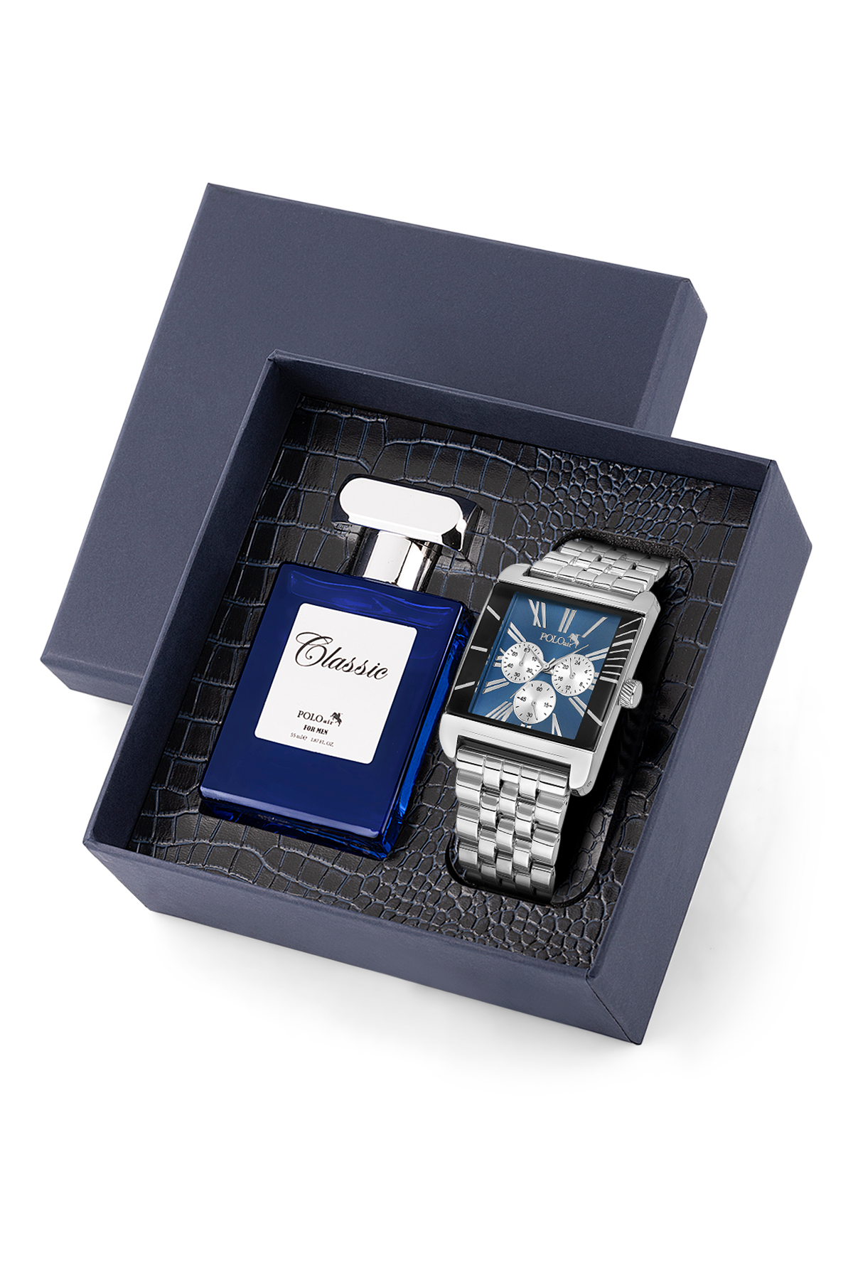 Kare Kasa Klasik Erkek Kol Saati Ve 55 Ml Parfüm Seti Gümüş Lacivert Renk St-5017E2 Lacivert St-5017E2