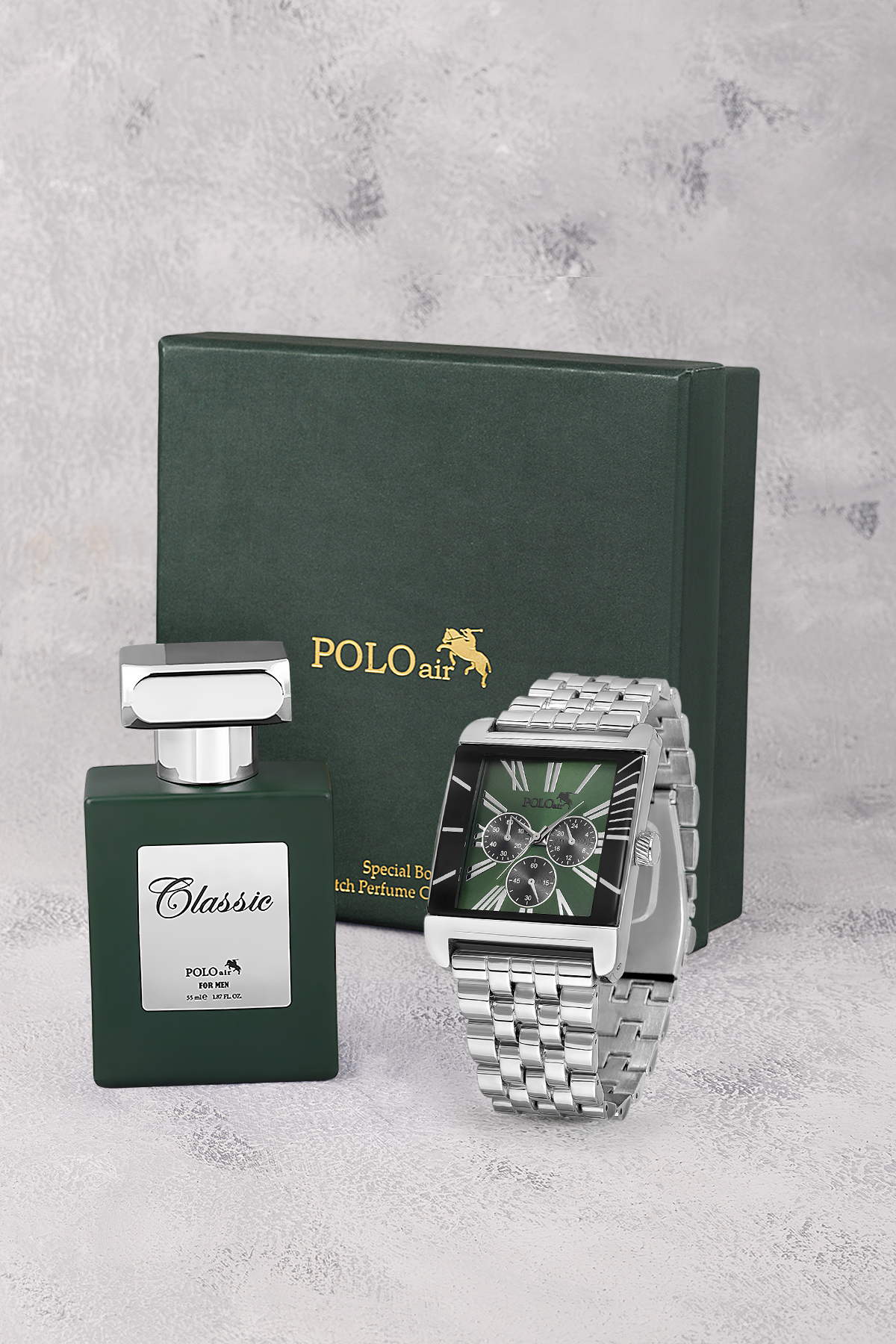 Kare Kasa Klasik Erkek Kol Saati Ve 55 Ml Parfüm Seti Gümüş Yeşil Renk St-5017E3 Yeşil St-5017E3