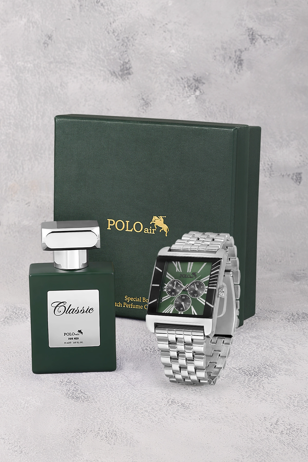 Kare Kasa Klasik Erkek Kol Saati Ve 55 Ml Parfüm Seti Gümüş Yeşil Renk St-5017E3 Yeşil St-5017E3